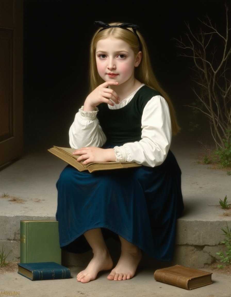 This is a photograph of a classical oil painting, likely created in the 19th century, depicting a young girl sitting on a stone step. The girl, who appears to be around eight years old, has light blonde hair tied back with a black ribbon. She wears a white blouse with puffed sleeves and a dark green bodice, which is tucked into a blue skirt that reaches her bare feet. She is barefoot and sits with her legs crossed, her left foot resting on her right knee. Her expression is contemplative, with her right index finger resting thoughtfully on her lips. In her lap, she holds an open book with pages slightly bent, indicating she may have been reading. To her left, there are two books, one green and one blue, lying on the ground. The background is dark, with the hint of a wooden structure, possibly a doorway or a wall, and a few bare, brown branches leaning against the right side of the step. The lighting is soft, creating subtle shadows that enhance the textures of the girl's clothing and the stone step she sits on, adding depth and realism to the scene. The overall mood is one of introspection and simplicity., <lora:Bouguereau_style:1>