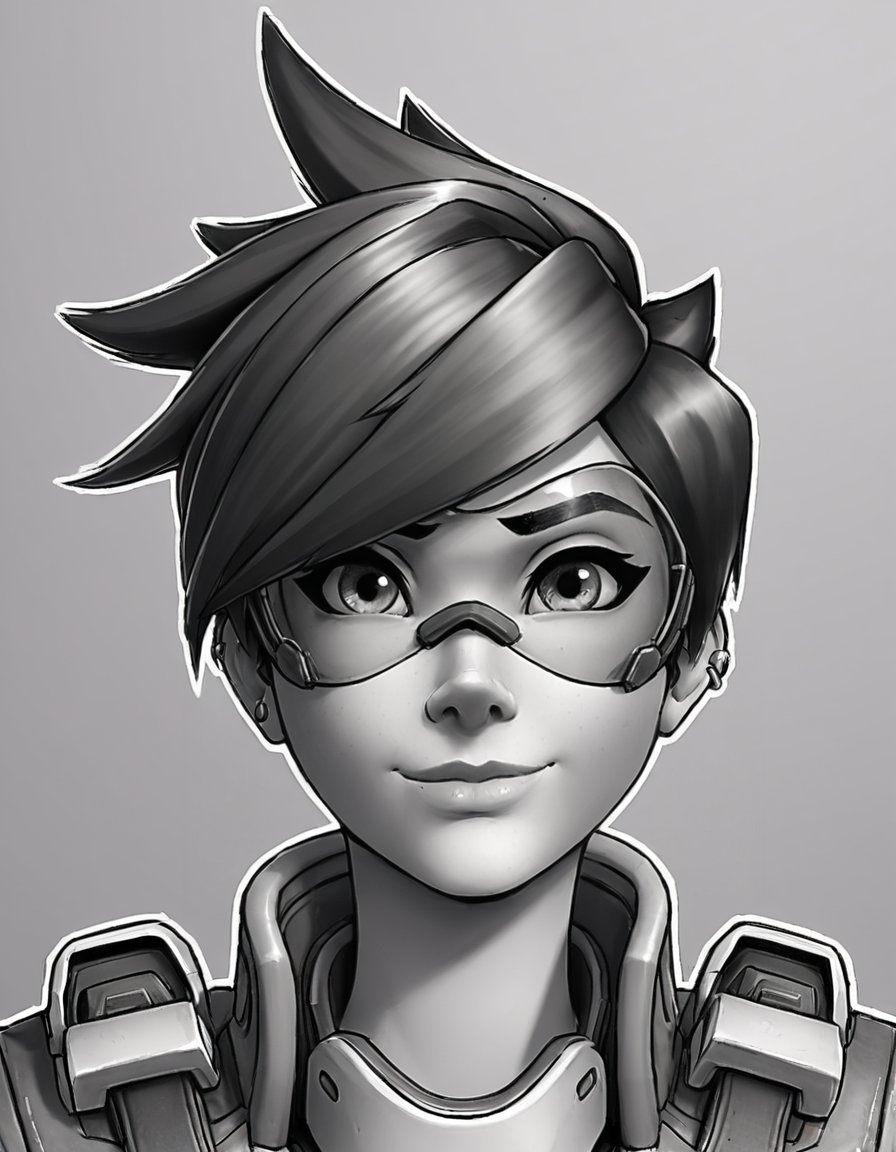 1girl, tracer (overwatch), solo, monochrome, short hair, piercing, goggles, ear piercing, jacket, portrait, greyscale, simple background, traditional media, smile, closed mouth, looking at viewer, Tracer, <lora:Tracer:0.8>