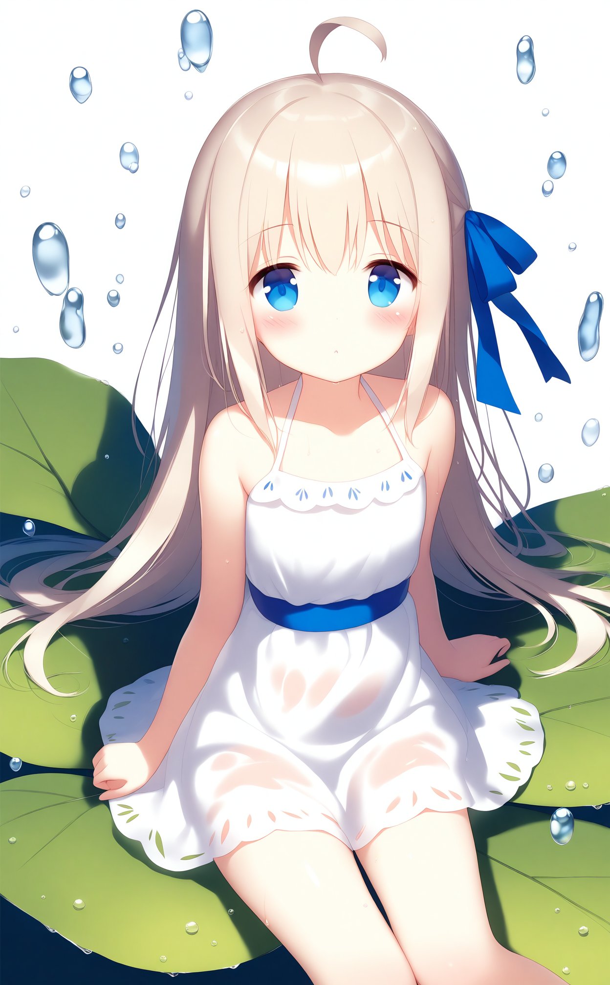 masterpiece,best quality,high quality,(colorful),artist Alens,loli,1girl,solo,dress,looking at viewer,long hair,sleeveless,leaf,bare shoulders,white dress,sleeveless dress,blue eyes,blue ribbon,closed mouth,collarbone,((sitting on a big leaf)),white ribbon,upper body,shiny,shiny hair,hair ribbon,simple background,blush,halterneck,(water drop),ahoge,full body,mid shot,((wet clothing)),((cute loli)),(cute anime face),(blushing, :o),