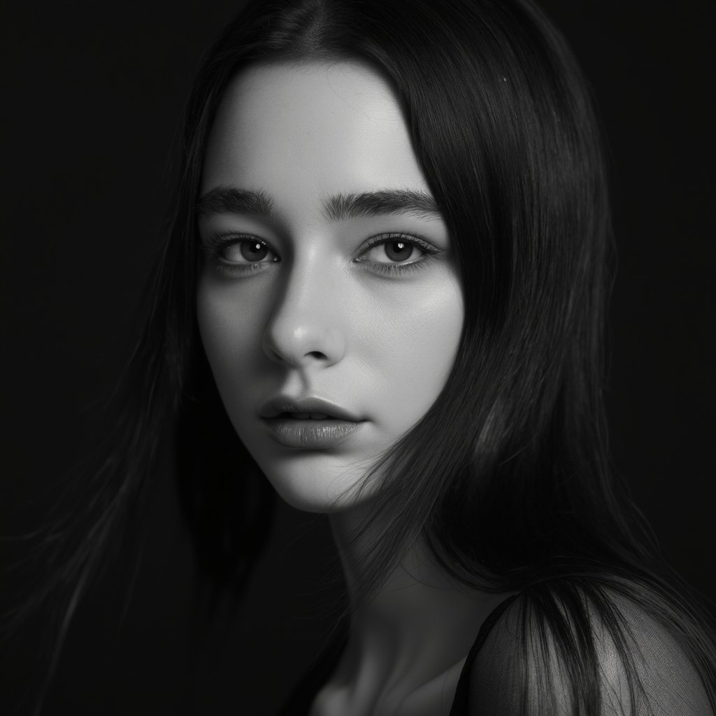 A close-up portrait of dasha_taran with long, dark hair. The dark background emphasizes the subject's face and hair, creating a dramatic and intense atmosphere. The woman's gaze is direct and intense, with her eyes looking directly at the viewer. Her hair flows freely, cascading down her face. The image is monochromatic, with the dark hair contrasting sharply against the lighter background. The style is dramatic and evocative, emphasizing the interplay of light and shadow to create depth and dimension.