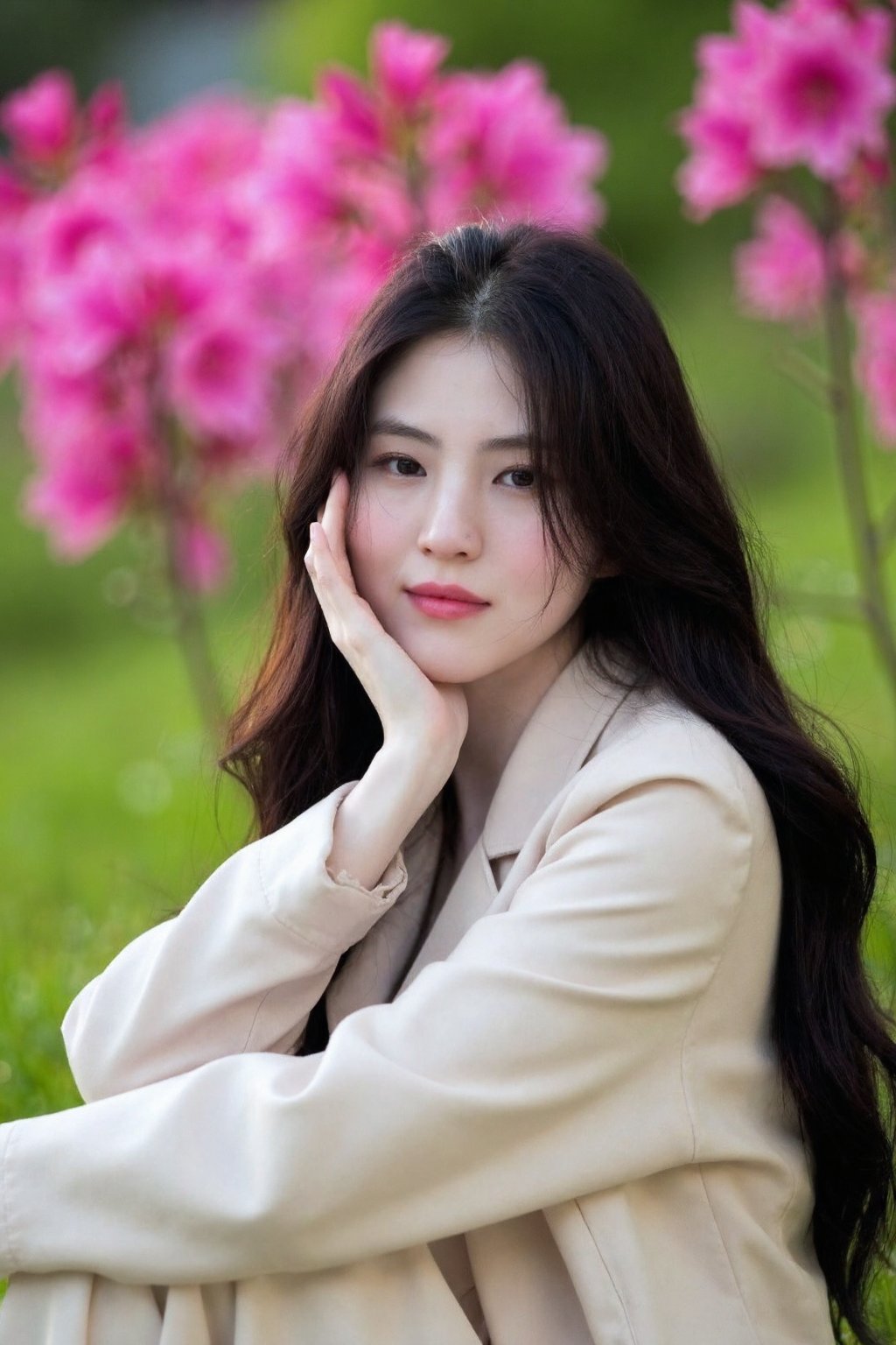 beautiful korean woman seated outdoors in a serene, natural setting. She is wearing a light beige trench coat, which adds a touch of elegance to her look. Her long, dark hair cascades over her shoulders, and her hand gently rests on her face, creating a thoughtful and introspective pose.The background features soft-focus greenery and vibrant pink flowers, possibly azaleas, which contrast beautifully with her neutral-colored outfit. The lighting is soft, creating a warm and gentle atmosphere, and the overall tone of the image is calm and contemplative. The woman's expression is serene and relaxed, adding to the peaceful vibe of the image. The natural surroundings combined with her fashion-forward outfit give the photo a blend of elegance and simplicity., <lora:flux_realism_lora:1>,  <lora:makinaflux_hansohee_v1.0:1>,  from side, looking at camera, smile