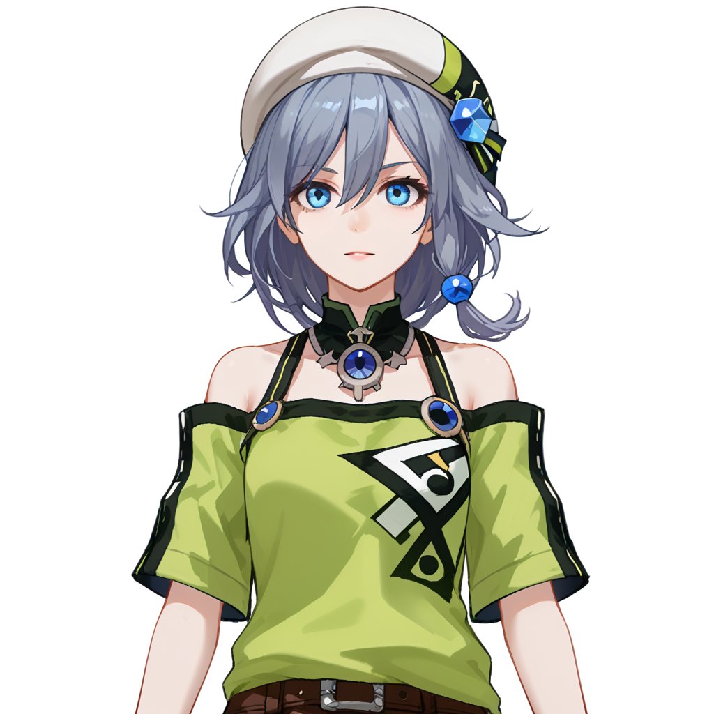 (white background:1.2),looking at viewer,(SOLO:1.4),outline,simple background,upper body, cowboy shot,looking at viewer,(((arms at side))),  fu hua, fu hua cgver, bangs, blue eyes, hair between eyes, grey hair, blue hair, hair ornament, hat, beret, green shirt, short sleeves, bare shoulders<lora:春风-cg-pony:0.8>