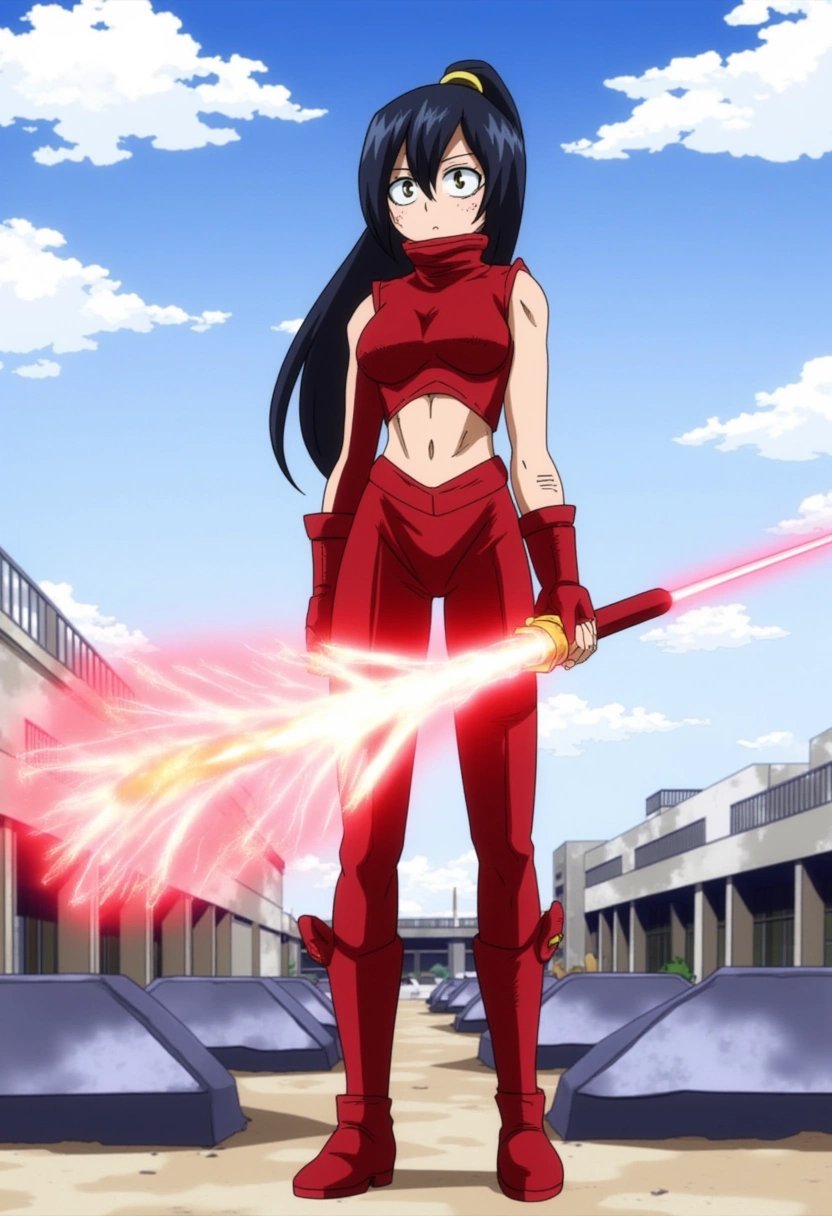 Momo Yaoyorozu, a tall girl with long black hair tied into a high ponytail. She wears a red hero costume that leaves her arms and midsection exposed, allowing her to use her Quirk to create objects from her skin. Her expression is focused as she materializes a massive weapon, with energy forming around her hands. The scene is set on a training field with obstacles around her. boku_no_hero_academia_style