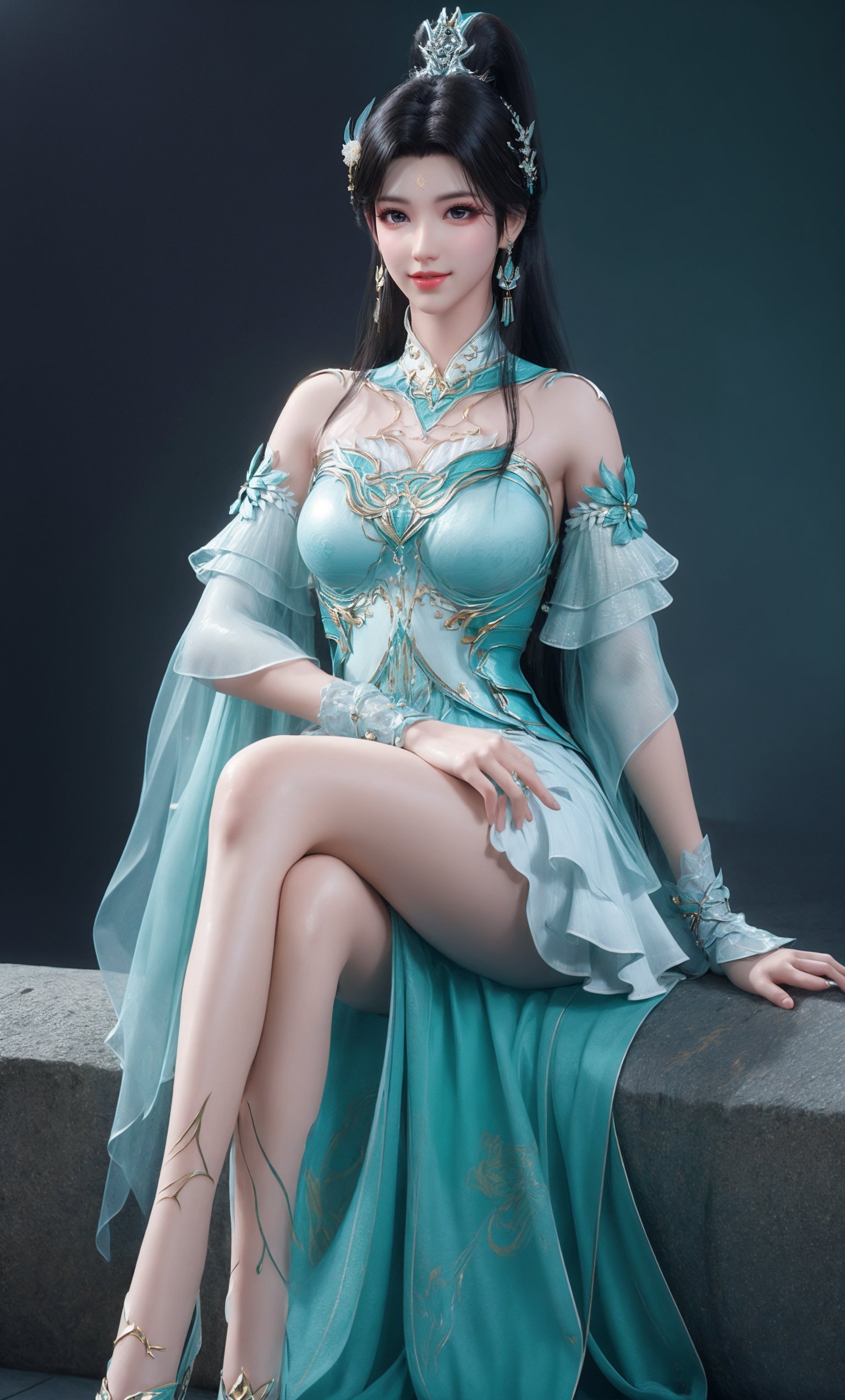 (Solid background:1.2),masterpiece,(best quality),official art,extremely detailed cg 8k wallpaper,(extremely delicate and beautiful),full body,crossed legs,solo,realistic,photo_\(medium\),chinese clothing,cyan skirt,cyan dress,earrings,jewelry,detached sleeves,earrings,bare shoulders,solo,),adfxx0.75NOST4,1girl,solo,long hair,ponytail,hair bun,black hair,hair ornament,smile,forehead mark,<lora:xuner_douzong-8:0.7>,adfxx,