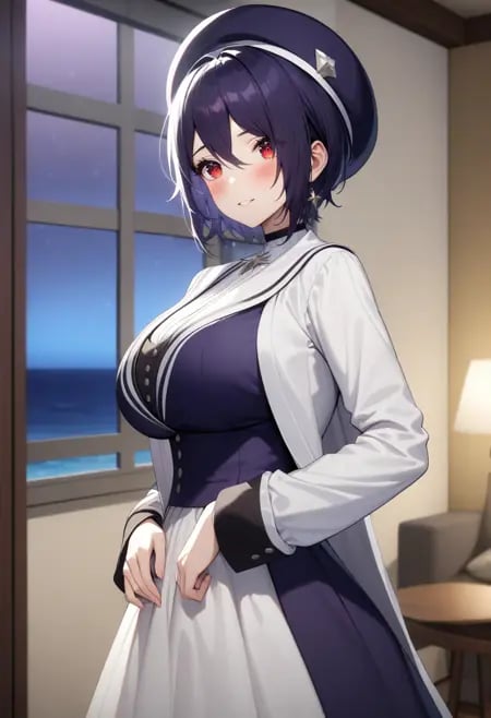 <lora:Tamako:0.8>,tamako,standing,large  breasts,hat,red eyes,close-up,outfit 1,modern villa,night,indoors,window,ocean,ornate,, (cinematic light:1.5),masterpiece,best quality,very aesthetic,absurdres,incredibly absurdres,<lora:add_detail:1>,