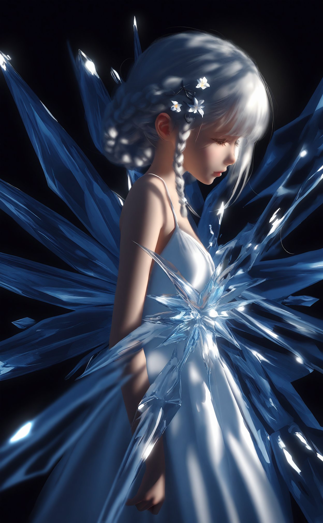 (masterpiece),(best quality),illustration,ultra detailed,hdr,Depth of field,(colorful),loli,wlop,1 girl,loli,White Dress,White short hair,braids,lily flower hair clip,upper body,cry,water,black background,Ice crystal,dappled sunlight,Suspended colorless crystal,beautiful detailed glow,(detailed ice),beautiful detailed water,