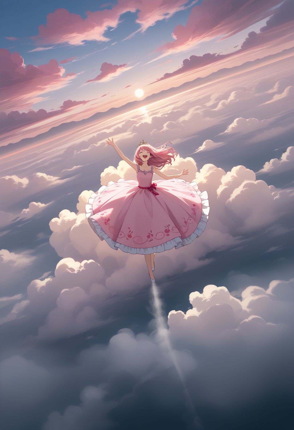 the wind is blowing,pink clouds diffuse in the air,there are charming spots of light in the air,girl wearing a lovely dress happy lying on the clouds,fog,air fluctuation,from_above,thoracic focus,