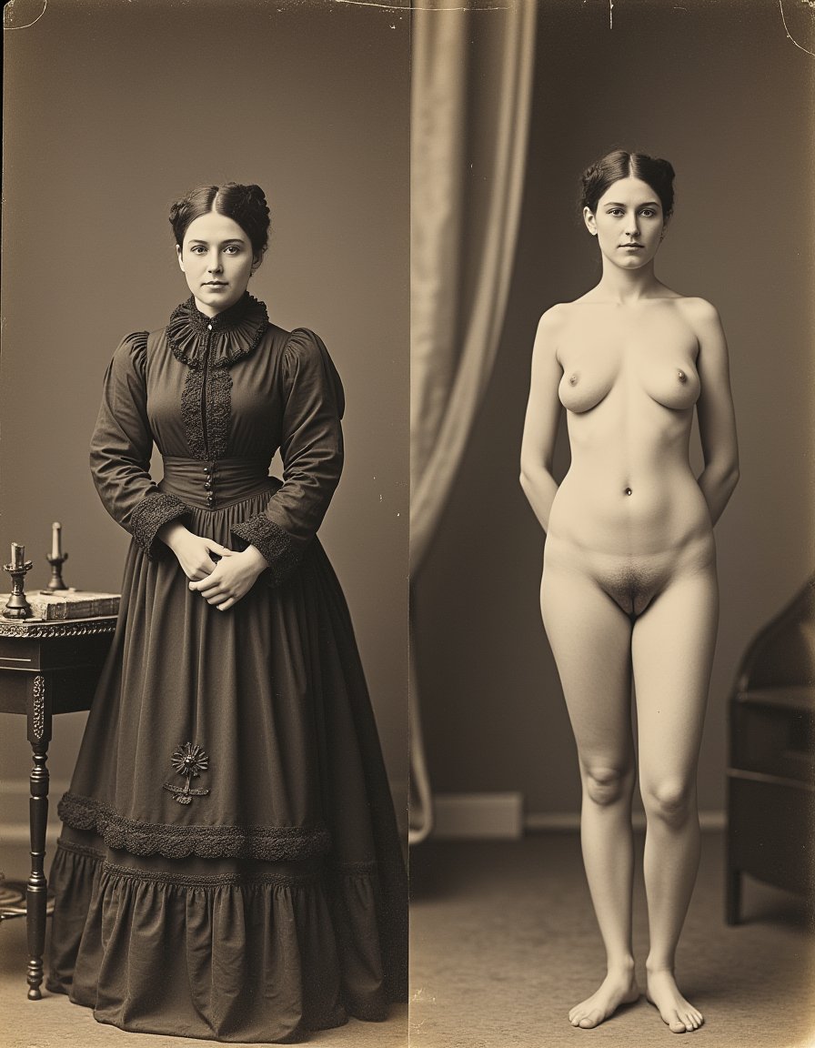 vintage photographs, side-by-side clothed and nude images of a woman wearing a Civil War era Victorian style dress <lora:OnOffFlux4-9:1>