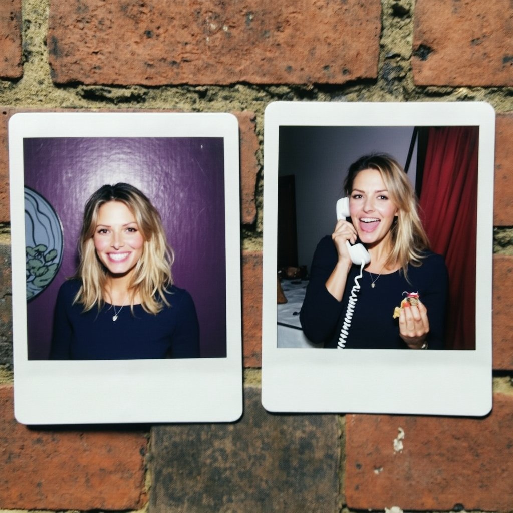 Two polaroid photographs side by side. The left photograph shows sarahshahi with blonde hair, wearing a dark blue top, against a purple background with a circular pattern resembling a spider web. The right photograph shows the same woman, with a red curtain in the background, holding a white telephone receiver to her ear and eating a piece of food. Both photographs are set against a rustic brick wall. The color palette primarily consists of deep purples, blues, and reds.