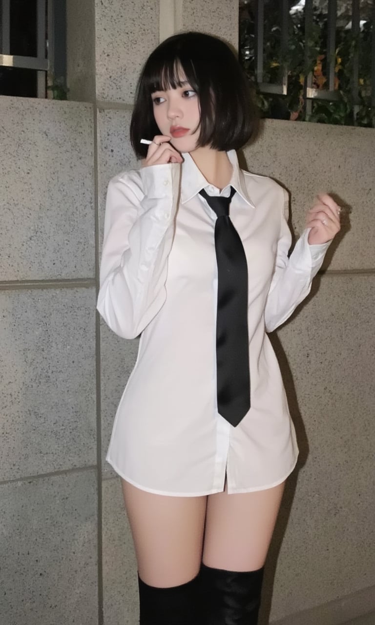 This is a clear, colorful photograph with a modern urban style. The subject of the photo is a woman dressed in a white shirt and a black tie, paired with black knee-high boots. She has short hair, which is black, and a slim figure. Her eyes are looking towards her left hand side, with a calm expression. She is holding a cigarette in her right hand, while her left hand hangs naturally by her side. Her posture is standing, with her body facing towards the right side of the image, with her feet apart at shoulder width. The background is a grey wall, with some black iron railings on it, through which green plants can be seen. <lora:墨幽-Flux-Lora-网图:0.9>