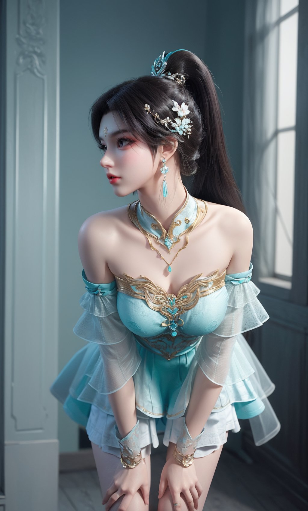 (Solid background:1.2),masterpiece,(best quality),official art,extremely detailed cg 8k wallpaper,(extremely delicate and beautiful),solo,realistic,photo_\(medium\),(Leaning forward, hands braced on knees:1.2),spread legs,profile,(chinese clothing,(cyan skirt:1.1),cyan dress,earrings,jewelry, bare legs, detached sleeves,earrings,bare shoulders,solo,),adfxx0.75NOST4,1girl,solo,long hair,ponytail,hair bun,black hair,hair ornament,forehead mark,<lora:xuner_douzong-10:0.6:lbw=NOST20>,adfxx,