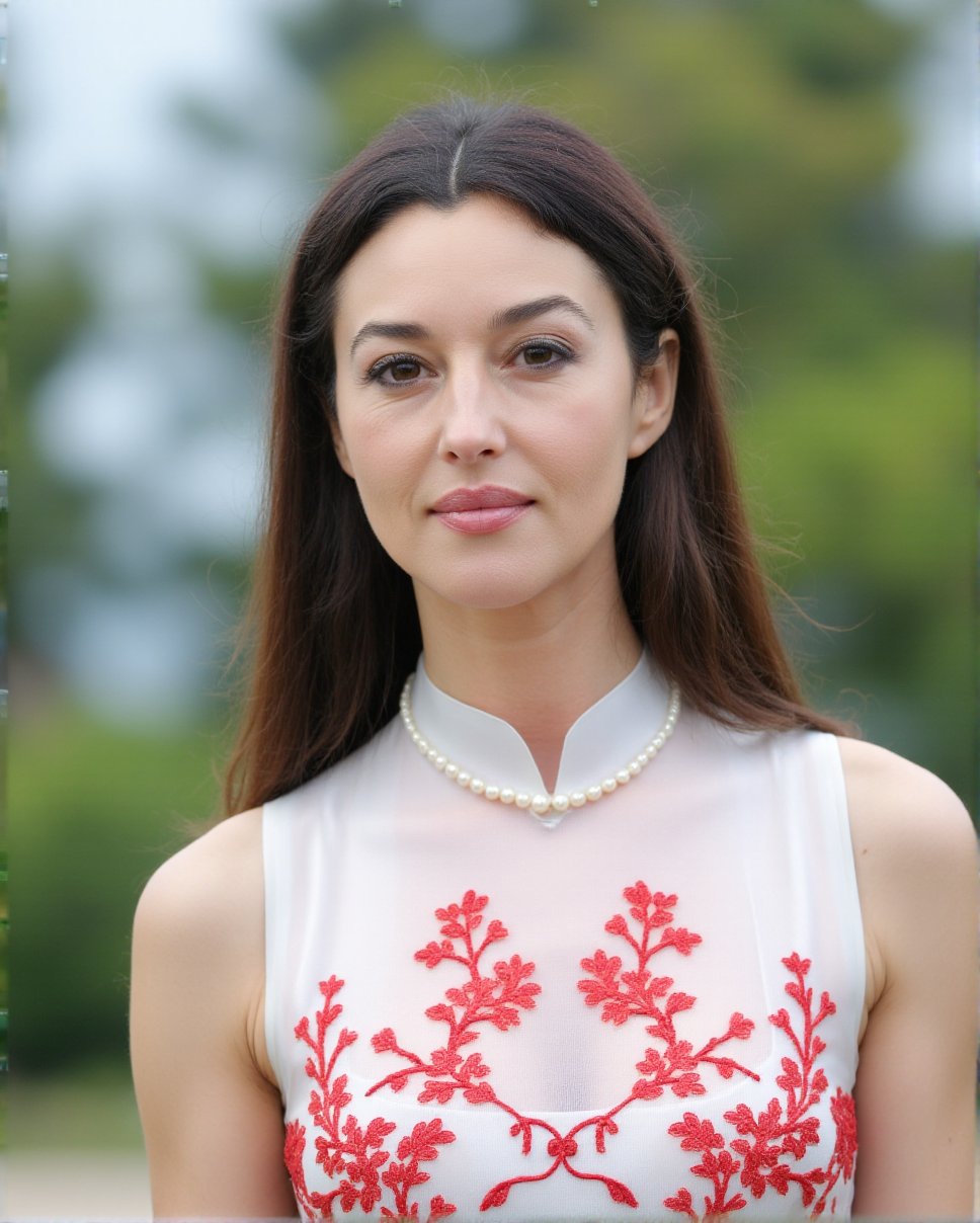 This is a high-resolution photograph featuring a Caucasus young woman with a fair complexion and straight, shoulder-length brown hair. She is dressed in a traditional Vietnamese ao dai, a long, fitted dress with a high collar. The dress is predominantly white with intricate red floral patterns, including cherry blossoms, embroidered on the front. A pearl necklace adorns her neck, adding a touch of elegance. Her makeup is minimal, with a natural look, featuring subtle pink lipstick and light eyeshadow.The background is softly blurred, indicating an outdoor setting with a park-like environment. The blurred trees suggest it might be a park or garden with greenery and possibly a clear blue sky. The overall lighting is natural, likely from daylight, enhancing the vibrant colors of her dress and the softness of her skin. The woman is standing in a relaxed pose,closed mouth gently, giving a warm and approachable impression. Her expression is friendly and inviting. The photograph captures a serene and elegant moment, highlighting the beauty of the traditional Vietnamese attire and the subject's natural beauty.,Monica Bellucci, <lora:Monica_Bellucci_Flux_V1:1>