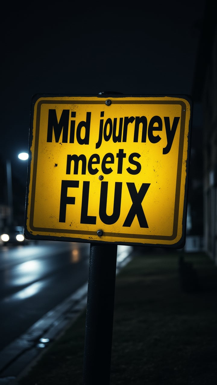 Engaging dark yellow sign with Text:"Midjourney meets FLUX", photograph, Exceptional Motorcycle, sleek, Interpolation, Rollerwave, Long exposure, Fuji superi400, Middle Aged perspective, Desaturated, Harsh, aidmaMJ6.1