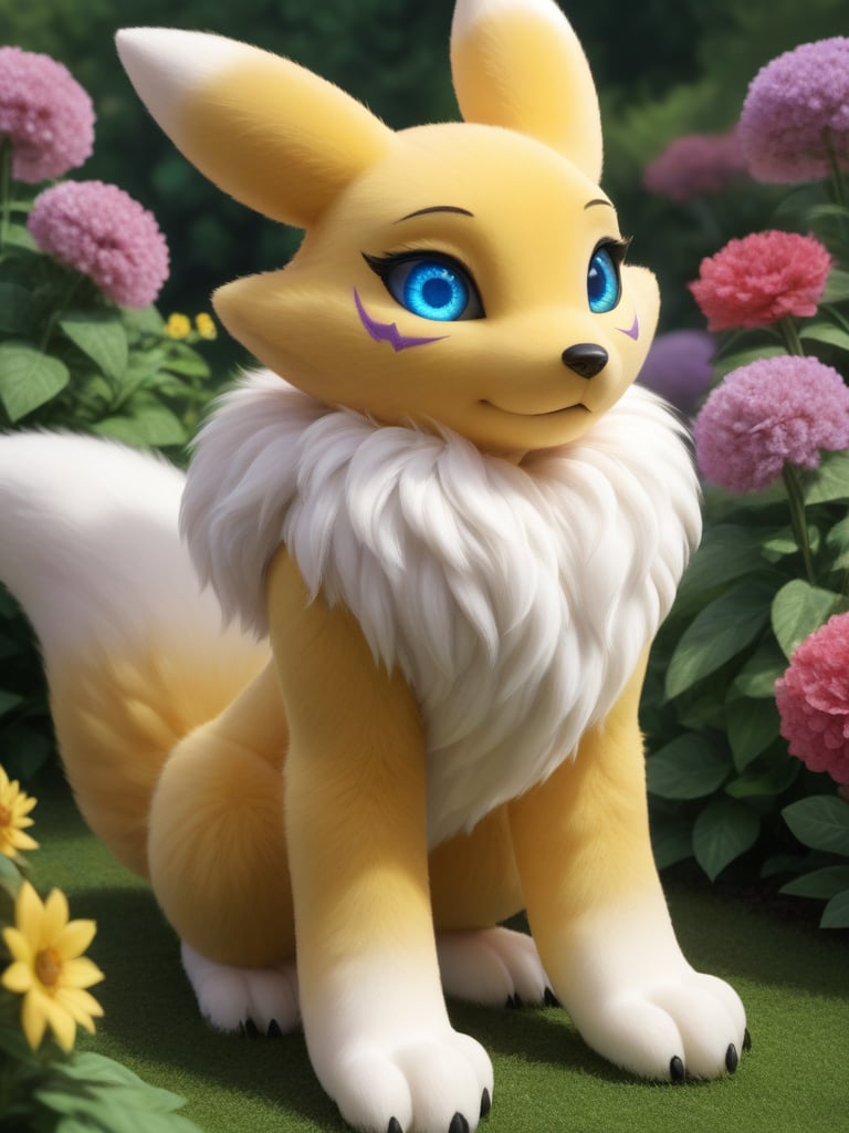 intricate detail, cinematic, render, detailed eyes, large eyes, realistic,3d fluffy, closeup, cute and adorable,(renamon), soft fur, long fuzzy fur, fuzzy tail, yellow fur,flower garden,<lora:Renamon_XL:1>, intricate details, extreme detail, Detailed face, beautiful, Expressive, very aesthetic, colorful, lots of small parts, surreal, abstract,