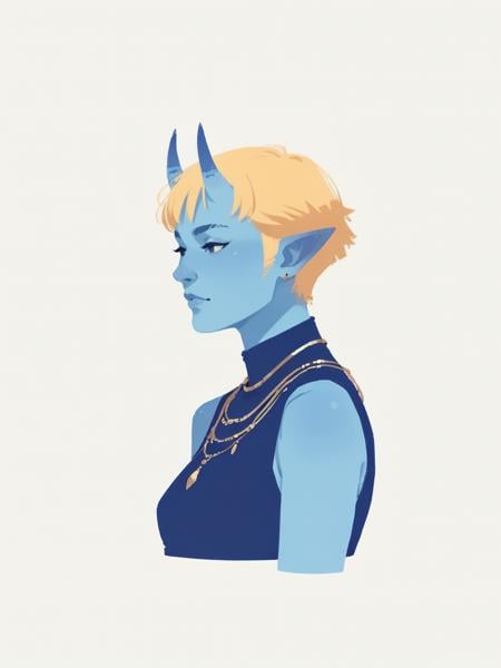 score_8_up, score_7_up, score_6_up, dnd  <lora:dnd_flat:0.95>  1girl tiefling, portrait, short horns, blue skin <lora:Crude:0.6> (wizard clothes:1.2) , jewelry, very short hair , blonde hair, close up, side view