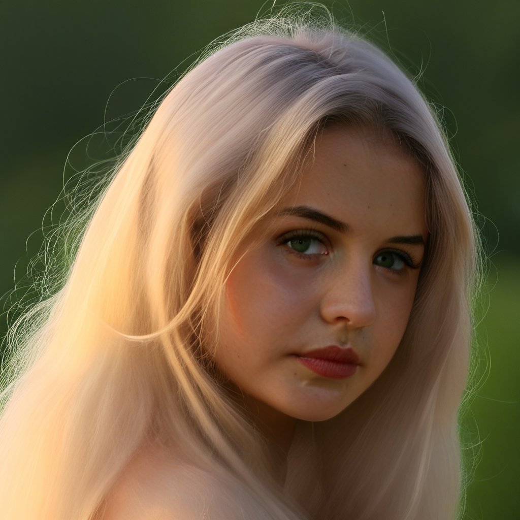 mikas, 1girl, solo, realistic, portrait, blonde hair, long hair, beautiful, green eyes, uncensored