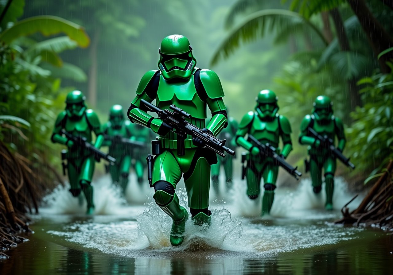 StormTrooperFlux, The image depicts a group of stormtroopers in green hazel dust mood paint uniforms engaged in combat. They are running through the jungle, with energy shields. The soldiers are equipped with (blasters) and are in the midst of a firefight. The scene is set in a raining environment, and the soldiers are standing on a water surface. 8k uhd, raw, dlsr, hdr, cinematic, under machiegun fire,