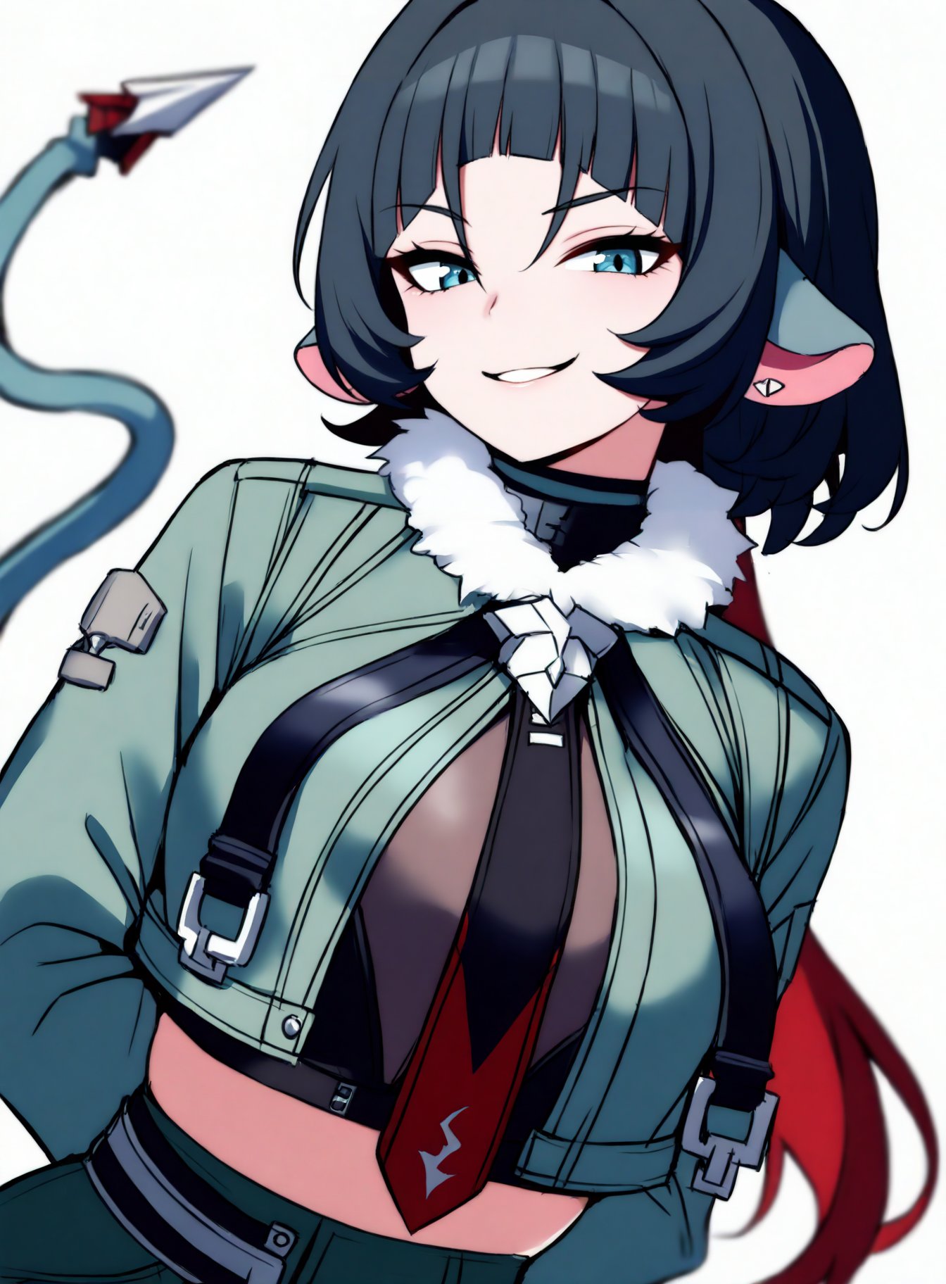 masterpiece, best quality, very aesthetic, absurdres,1girl, janedoe, bangs, black hair, blue eyes, red hair, long hair,mouse ears, tail,fur-trimmed jacket, green jacket, high-waist black shorts, long sleeves, red necktie,arms behind back, upper body, smirk, solo, looking at viewer, simple background, white background  <lora:JaneDoeIllustriousXL_byKonan:1>