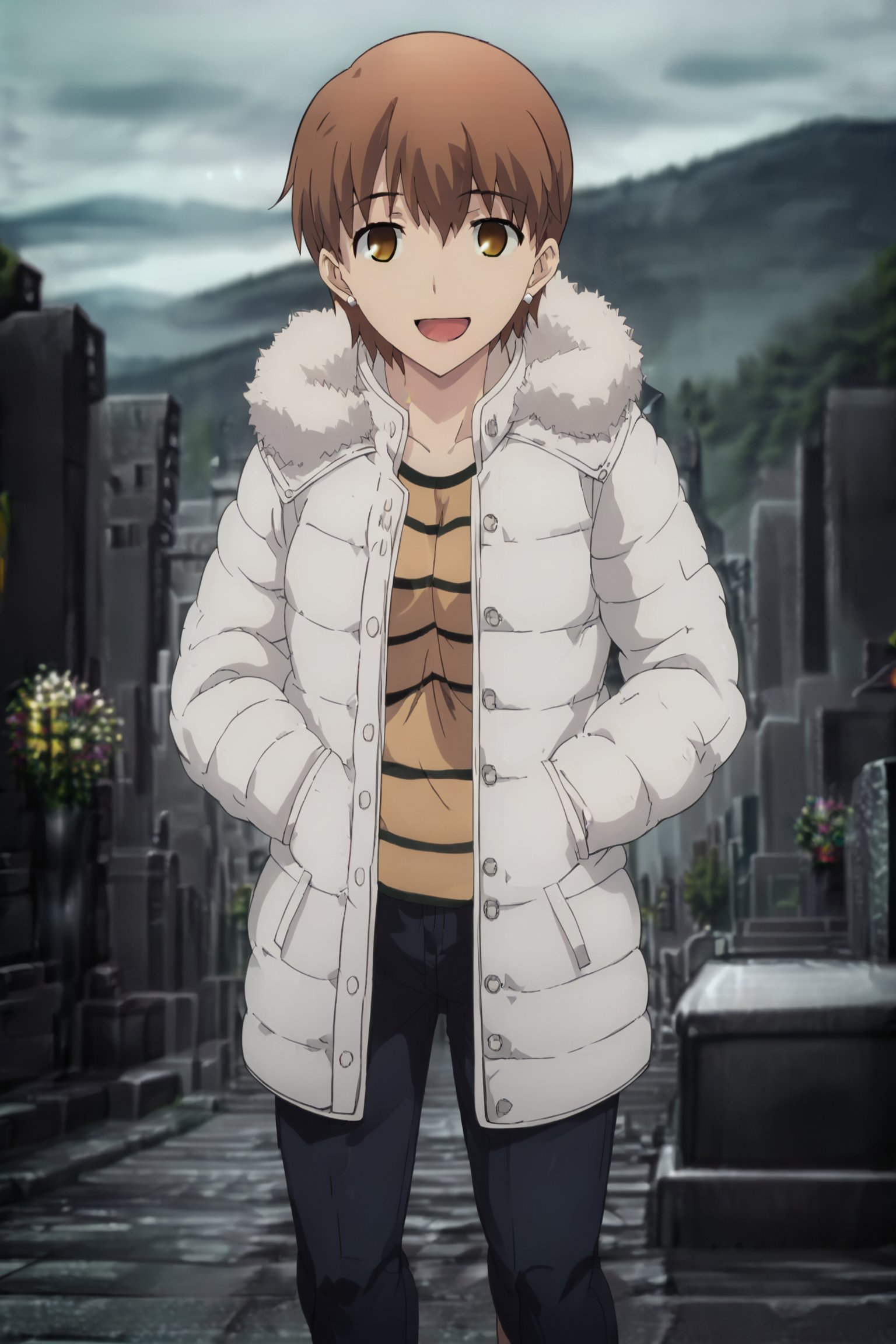 score_9, score_8_up, score_7_up, source_anime, official anime artwork, anime screencap, masterpiece,outside, snowing, winter,<lora:Taiga_Fujimura:1>Taiga white coat outfit, brown hair, short hair, jewelry earrings, white coat, fur trim, striped shirt,full body shot, looking at the viewer, happy girl, mouth open, smiling