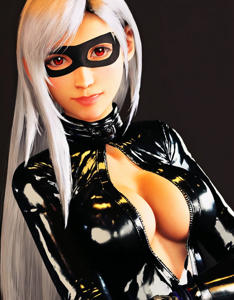 TifaCatsuit, Create a high-resolution digital portrait of a young woman with long silver hair, wearing a sleek black leather catsuit with a front zipper. She has a subtle, adoring expression, and is wearing a black cat eye mask that adds a mysterious vibe. The background is a dark, industrial setting with dim lighting that highlights the glossiness of her outfit. The scene has a cinematic, neo-noir style with soft shadows, emphasizing her features and the texture of her suit, <lora:TifaCatsuit_Kohya_SS_Defalut:1>