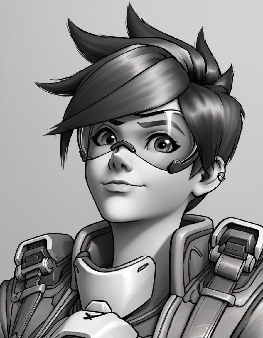 1girl, tracer (overwatch), solo, monochrome, short hair, piercing, goggles, ear piercing, jacket, portrait, greyscale, simple background, traditional media, smile, closed mouth, looking at viewer, Tracer, <lora:Tracer:0.8>