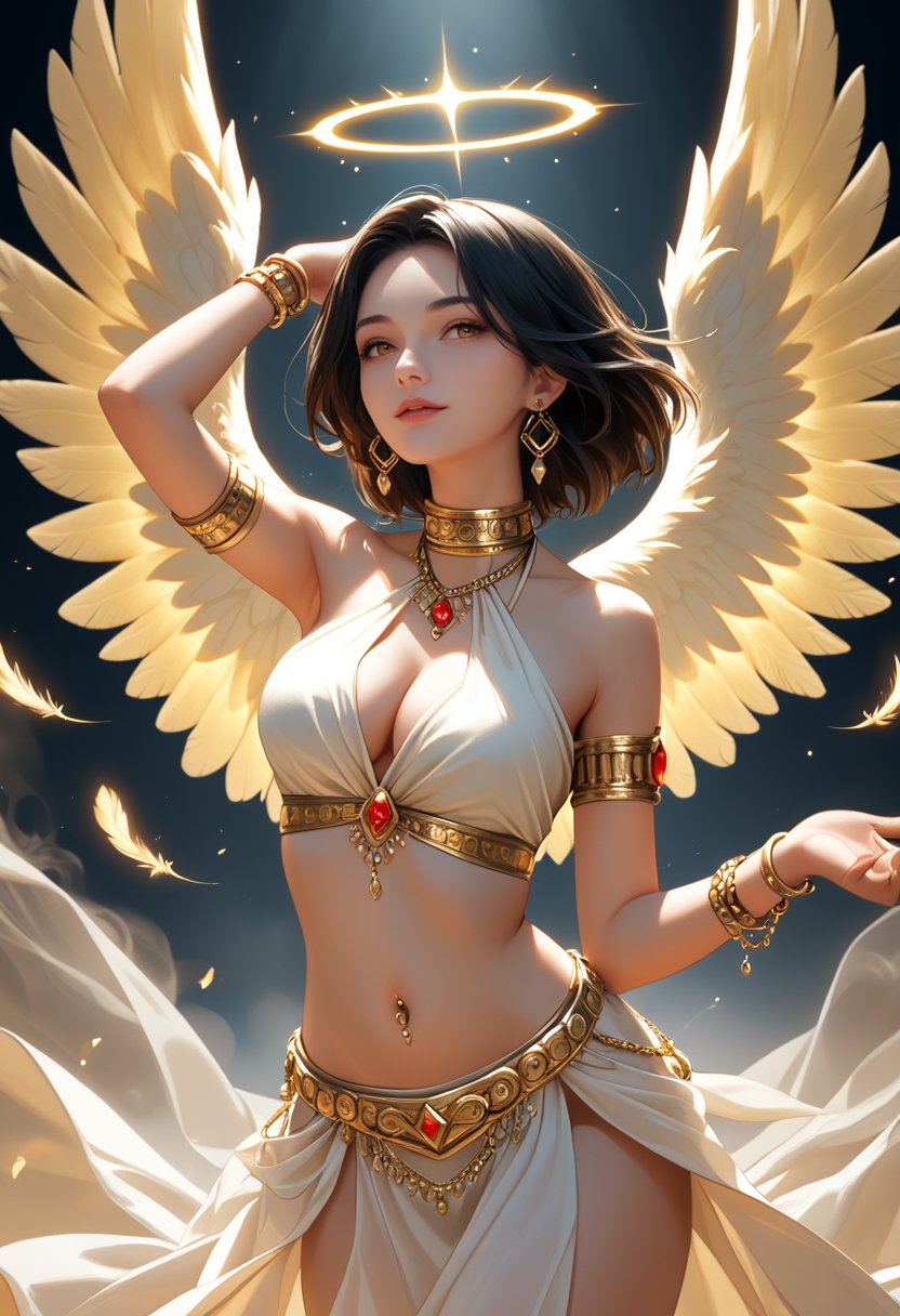 Score_9, score_8, score_7, light cloth sheer harem outfit, draped halter-style crop top, cleavage, draped skirt, jewelry, armlets, collar, bracelets, chains, beads, jewels, earrings, navel piercing, jeweled belt, black hair with red tips, dancing,golden angel wings, golden feathers,  golden aura, soft smoke