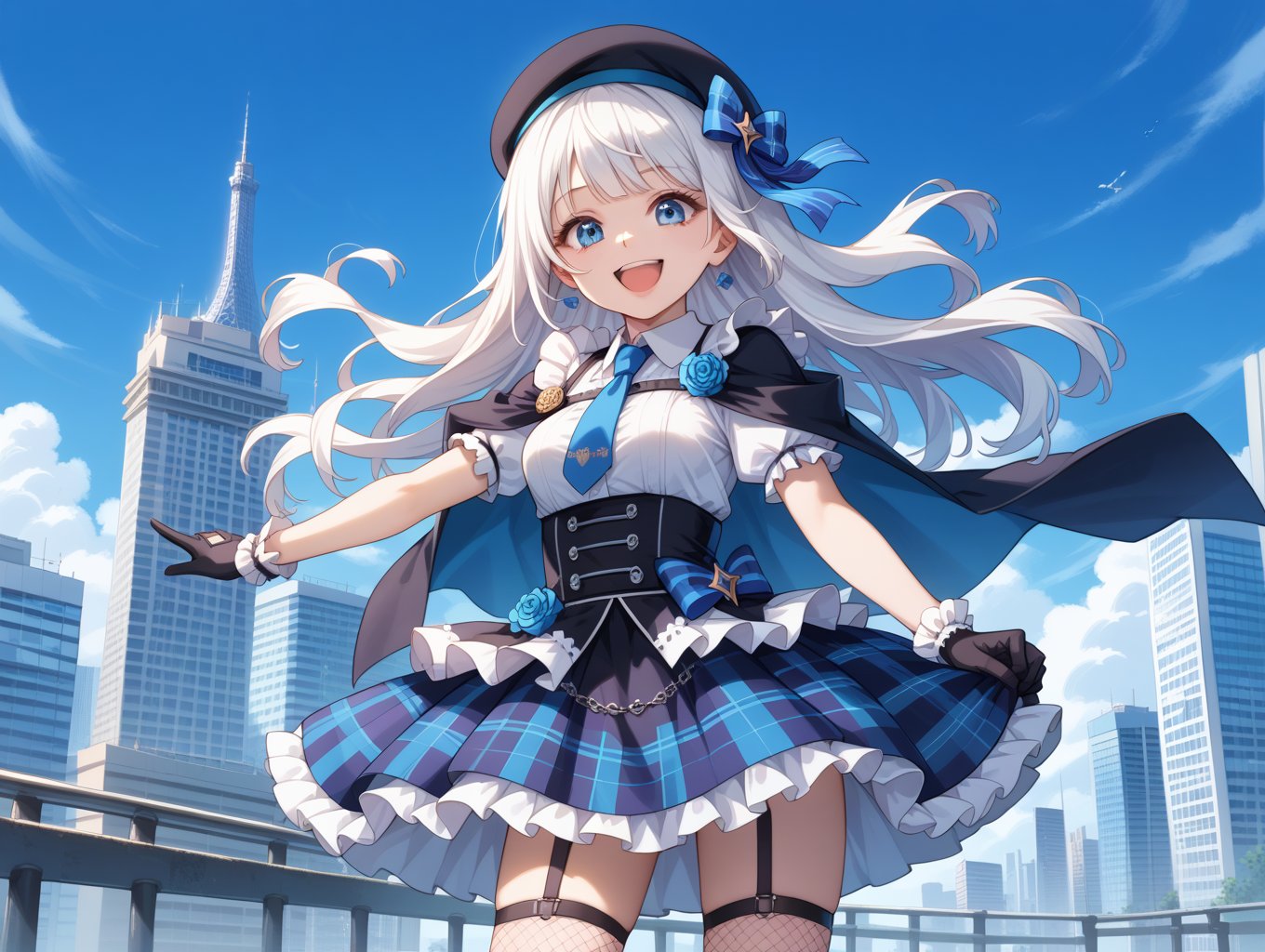 score_9, score_8_up, score_7_up,masterpiece, best quality,1girl, solo, gothic drress, Idol costume, blue and white theme, white blouse, white collar, tie, open short-cape, short sleeve, blue tartan-check pattern (ruffle-skirt, multilayer-skirt), white basque-beret with ribbon, Fishnet stockings, glove, happy smile, laugh, open mouth, standing, cowboy shot, cityscape in tokyo, ultra detailed background, blue sky, bay side, panorama view, medium breasts, white hair, blue eyes