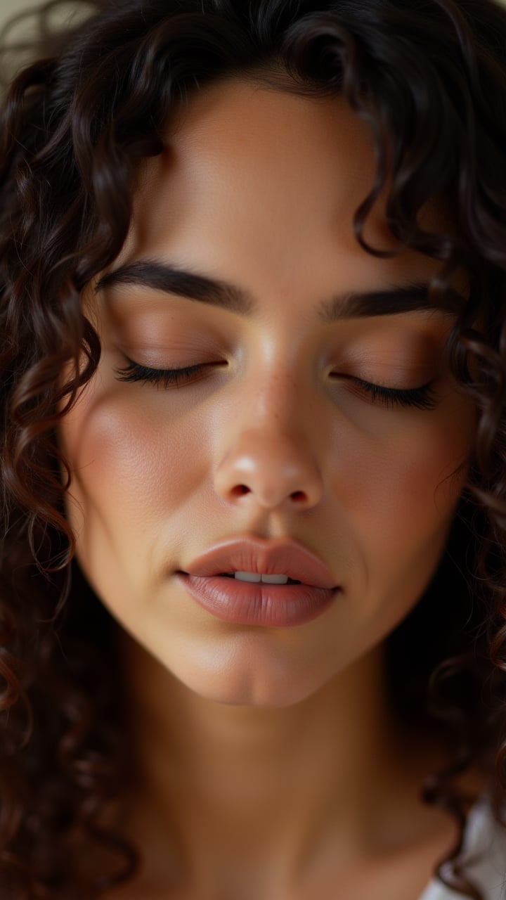 portrait, close up of a A soft, velvety canvas comes to life as a woman with long, curly hair gazes out from the center of her face. Her eyes are closed, Light, Kodachrome, aidmaimageupgrader