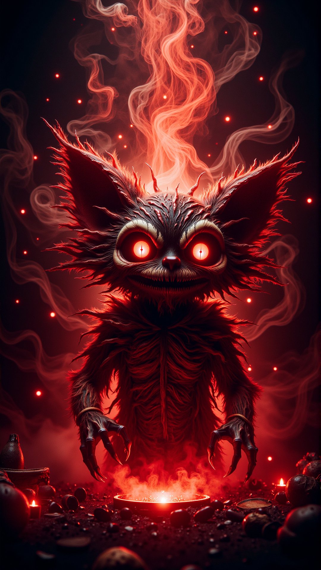 A stunning horror a professional (film grain:1.2) photography, realistic photo of a dark cursed atmospheric bloody teemo from league of legends, Pixar style, by Tristan Eaton Stanley Artgerm and Tom Bagshaw. <lora:DarkmosphericFlux:0.75>, gas spirit rising up, high resolution photography, ultra resolution, 4k, 8k, 16k, HDR, DOF, studio photography, professionalismphotography,close-up shot,low angle,direct perspective,shallow depth of field,bioluminiscent,high key lighting,Muted color palette,detailed skin pores,Earth Tone color palette,(front view:1.5),shot on Ricoh GR III with GR 18.3mm f-2.8 