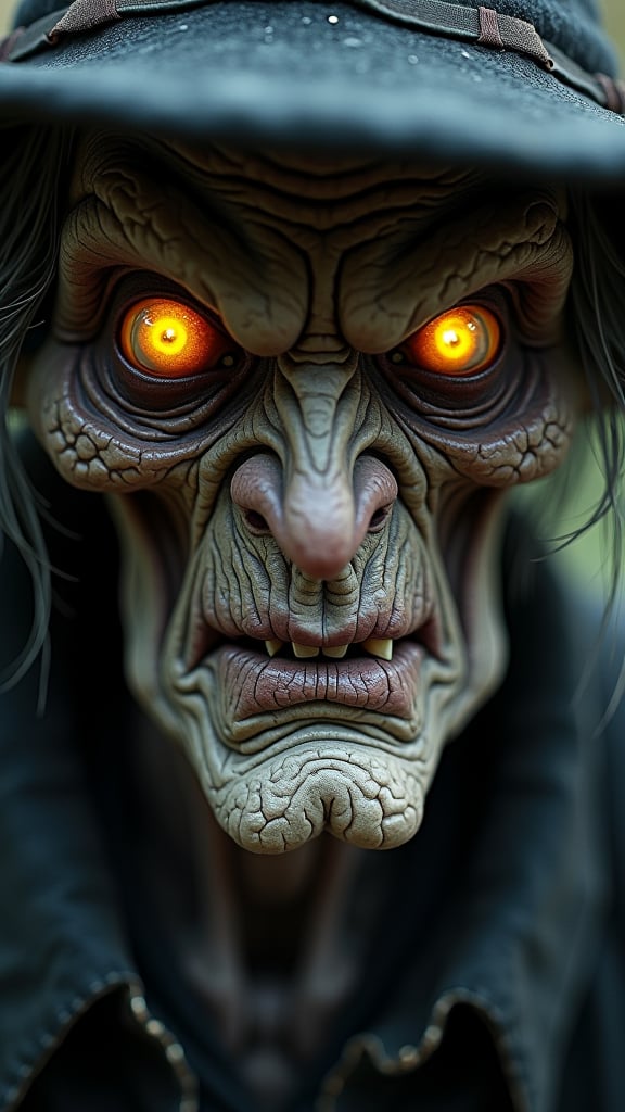 A weathered, sinister figure stares directly ahead, its gaze piercing through the shadows with unsettling intensity. The figure's face is gaunt, its features deeply carved by time and malevolent energy, every wrinkle and crease accentuating a life steeped in darkness. The skin is pale and ashen, stretched tightly over sharp cheekbones and a prominent nose, giving the impression of a figure that has long since crossed the line between life and death. Deep, sunken eye sockets are surrounded by bruised, dark circles, highlighting the sharp contrast between the sickly skin and the unnerving, glowing yellow eyes that burn with a fierce, almost predatory gaze. These eyes seem to hold an unnatural light, radiating an eerie, almost hypnotic power that suggests something deeply inhuman lurks beneath this frail exterior. The figure’s eyes are its most striking feature—large, round, and unnervingly bright against the dull, almost decayed pallor of the rest of its face. The irises burn with an otherworldly intensity, glowing with an amber hue that feels far from natural. They are wide open, unblinking, as if they are fixated on some distant prey or an impending confrontation. This haunting gaze creates a palpable sense of tension, as if the viewer is being silently drawn into some dark and forbidden secret. The eyes seem alive with malice and cunning, as though they can see far beyond the material world, into the depths of the soul. The figure's lips are curled into a sneer of disdain, revealing cracked, yellowed teeth beneath, as though caught in a moment of anger or cruelty. The expression is filled with bitterness and rage, the kind of hatred that has festered for years, if not centuries. The mouth is twisted, lips thin and dry, creating an impression of something that has not known kindness for a very long time. This twisted sneer only enhances the impression of a being that thrives on malice and spite, a creature capable of great cruelty and dark power. Framing the face is a wild tangle of gray, wiry hair that seems to flow in all directions, tangled and unkempt, as if the figure has long since ceased to care for such earthly concerns. The hair falls from beneath a wide-brimmed black hat, the brim casting deep shadows across the face, adding to the dark and foreboding aura that surrounds this character.