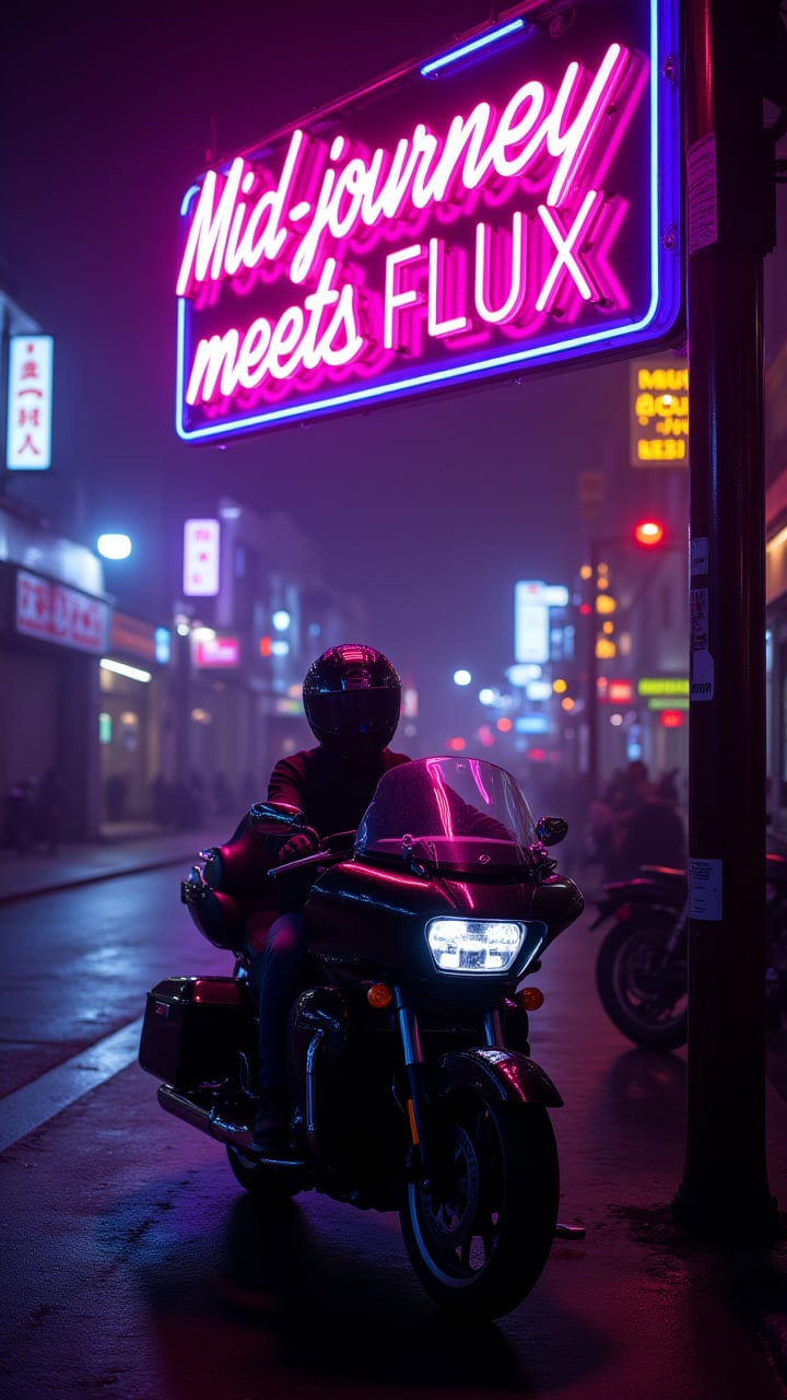 Epic neon sign with Text:"Midjourney meets FLUX", photograph, attractive Motorcycle, sleek, Bokeh, Rave Fashion, Long exposure, Fuji superi400, atmospheric perspective, Desaturated, dramatic, aidmaMJ6.1