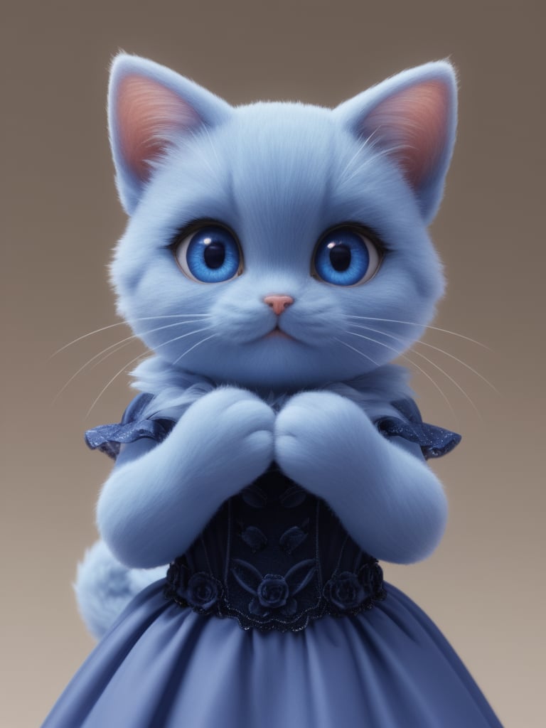 intricate detail, cinematic, render, detailed eyes, large eyes, realistic, 3d fluffy, closeup, cute and adorable,solo, female, cute,(adorozatorumary), anthro, female, cat, dark blue eyes, dark blue cat, blue fur, hands on own face, one tune fur, black inner ear,(fancy dress:1.2), chibi, happy, Detailed face, beautiful, Expressive, <lora:Adorozatorumary:0.9> 