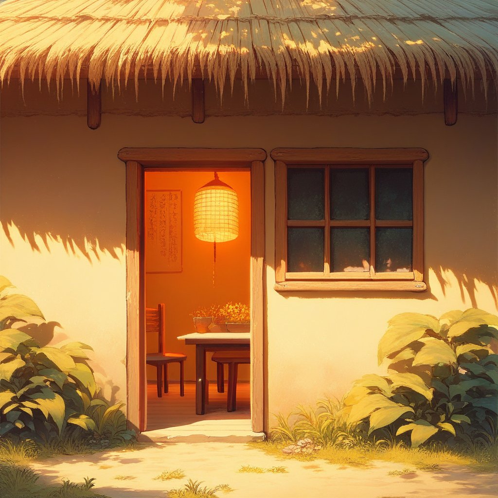 score_9, score_8_up, score_7_up, source_anime, rating_safe, Candihut, straw hut focus, wide shot, negative space, outdoors-indoors,