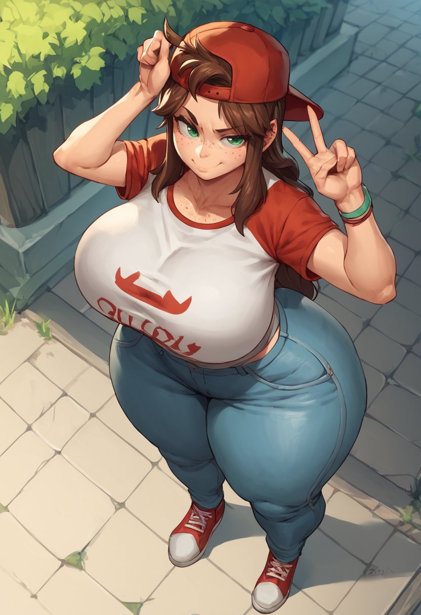 score_9, score_8_up, score_7_up, score_6_up,from above, high angle, smirk, v, t-shirt, jeans, backwards hat, curvy, outdoors, sunny, 1girl, long hair, brown hair, green eyes, freckles, curvy, thick thighs, huge breasts, wide hips, huge ass, <lora:PulenKompot-Obui_Style-PonyXL:1> obui