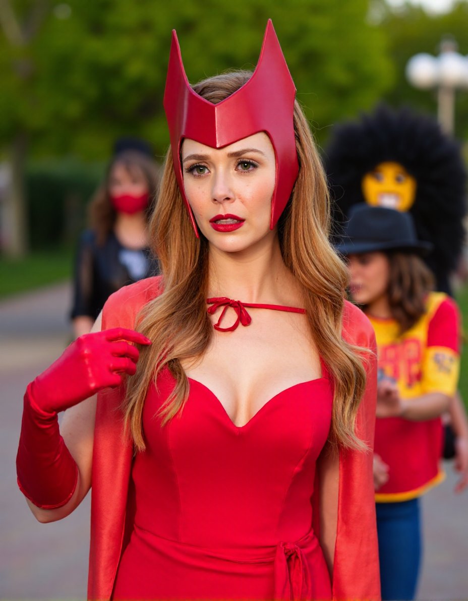 This is a photograph featuring a young woman dressed as the character Scarlet Witch from the Marvel Cinematic Universe. She has fair skin, long, wavy, light brown hair, and is wearing a form-fitting red dress with a plunging neckline that highlights her medium-sized breasts. She is adorned with a red headpiece resembling a stylized pentagon with a point in the center, and she has on matching red gloves and a cape. Her expression is one of determination and focus, with her mouth slightly open and her eyebrows slightly raised.In the background, there is a blurred figure dressed in a red and yellow costume, likely a child dressed as a superhero or a character from a Halloween costume. Another person, wearing a black hat and a large, curly wig, is partially visible, adding to the festive and playful atmosphere. The setting appears to be an outdoor Halloween event, with blurred greenery and a paved path in the foreground. The overall tone of the image is warm and vibrant, with a focus on the character's costume and expression, capturing the essence of a Halloween-themed scene.,Elizabeth Olsen,<lora:Elizabeth Olsen_Flux_V1:0.9>