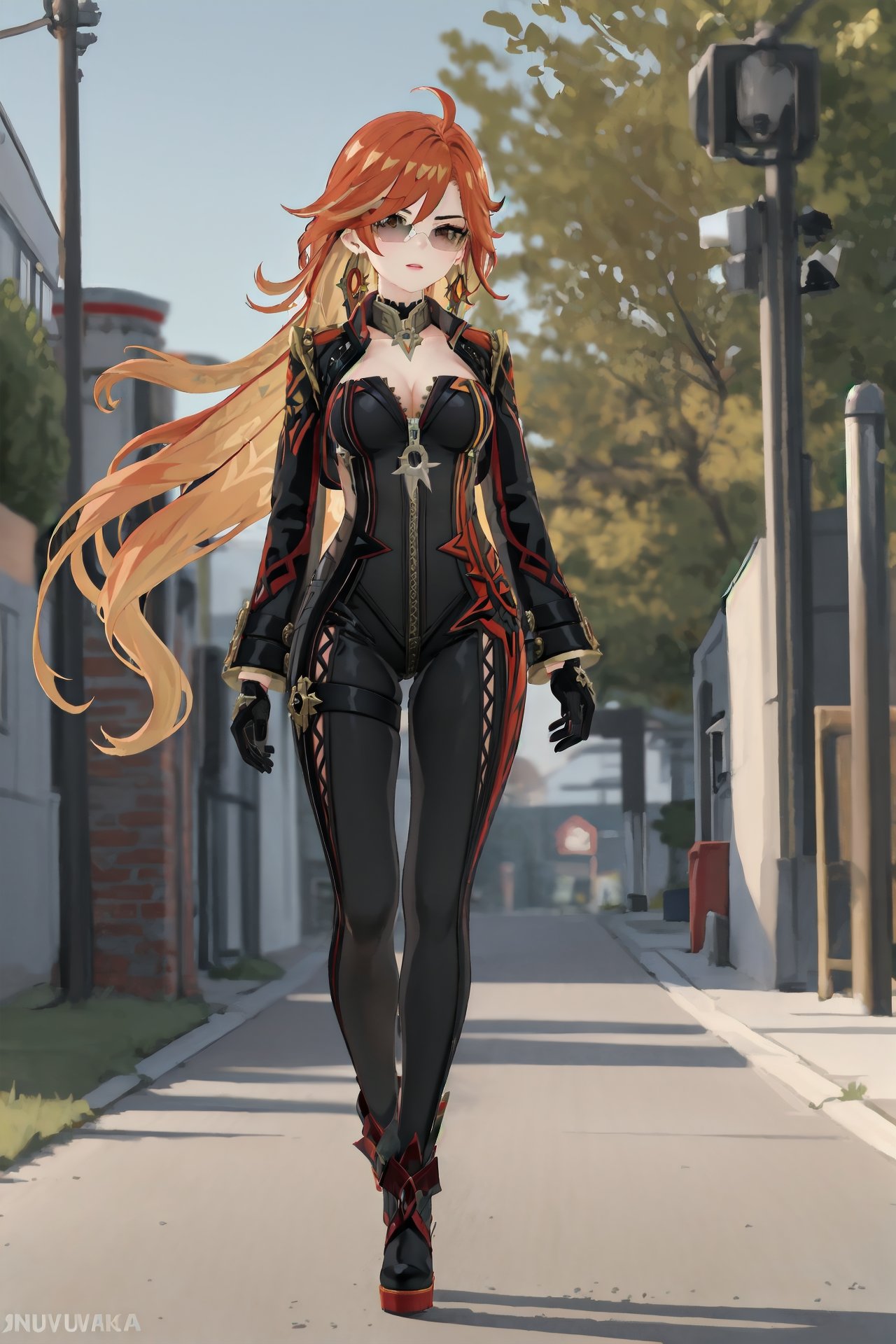 1girl, mavuika \(genshin impact\), earrings, sunglasses, black bikesuit, black gloves, shrug \(clothing\), metal collar, high heel boots, factory, outdoors, depth of field, full body, looking at viewer, walking