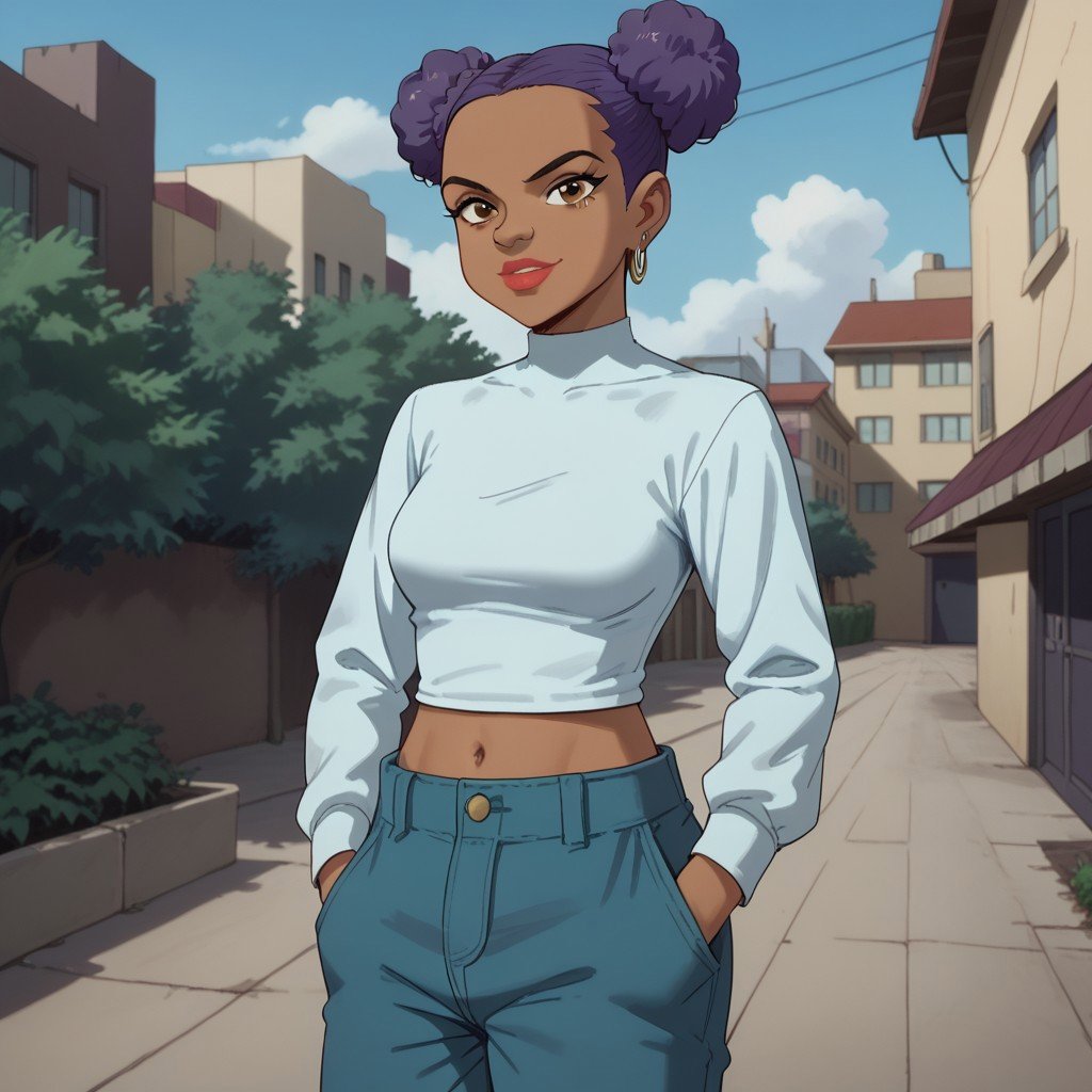 score_9, score_8, score_7, BREAK, sspuff, purple hair, double bun, dark-skinned female, shirt, pants, midriff, earrings, looking at viewer, hand in pockets, outdoors, alleyway