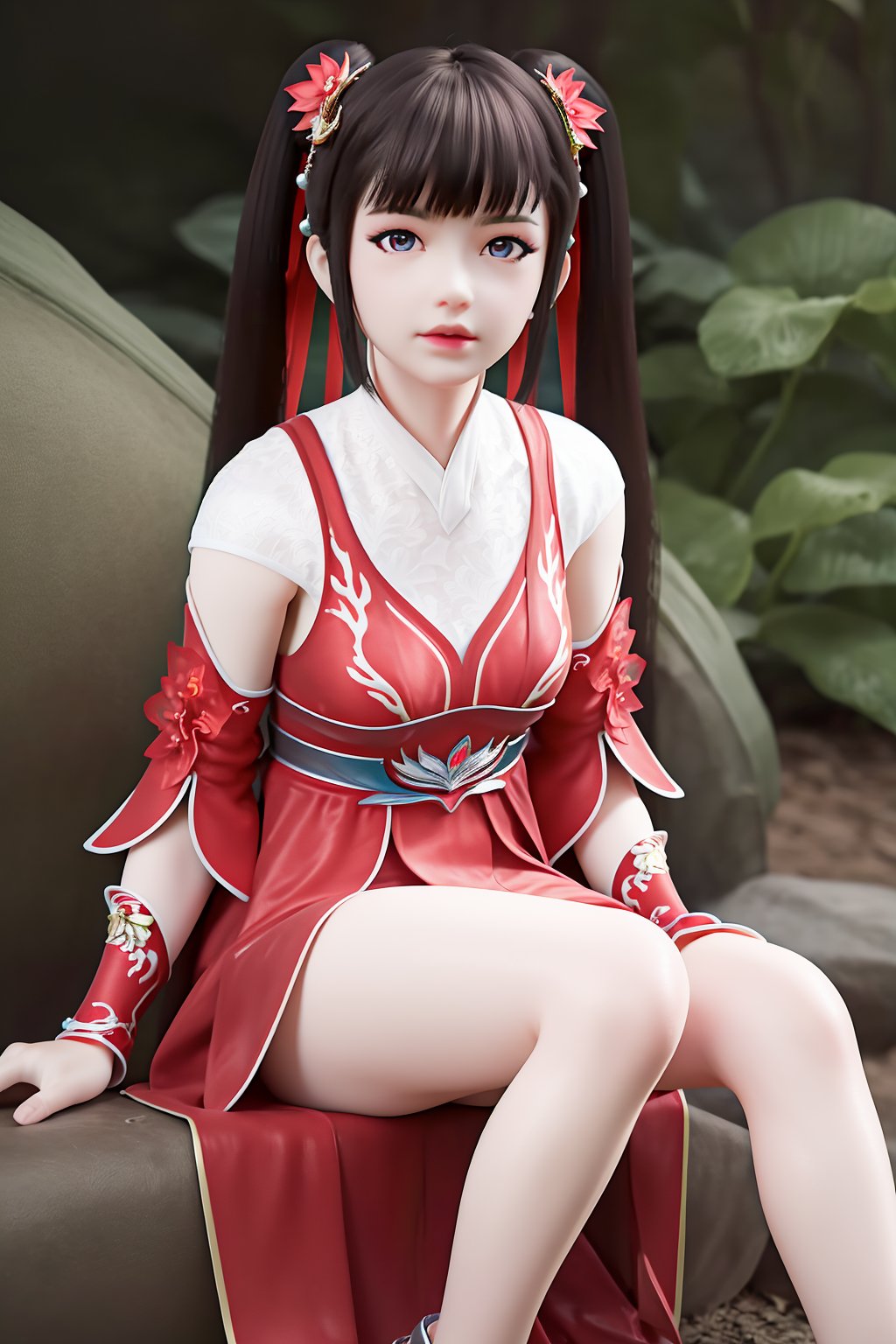 (best quality,masterpiece,crystalstexture skin,shiny skin:1.2),ultra detailed,8k,RAW photo,realistic,photorealistic,ultra-detailed,intricate detail,extremely detailed,delicate pattern,4K,looking at viewer,<lora:C_完美世界_火灵儿_m_MAY:0.7>,1girl,solo,twintails,long hair,brown hair,hair ornament,bangs,ribbon,chinese clothes,hair flower,bracelet,bare shoulders,detached sleeves,dress,sash,standing,sitting,bare legs, 