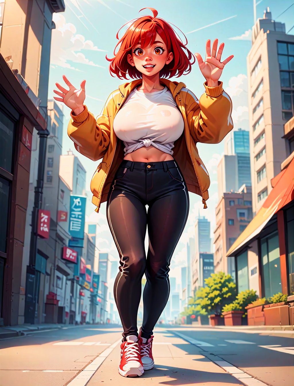 score_9,score_8_up,score_7_up, 1girl, red hair, full body, city backround, waving, large breasts <lora:KakkoiPonyV3:1>