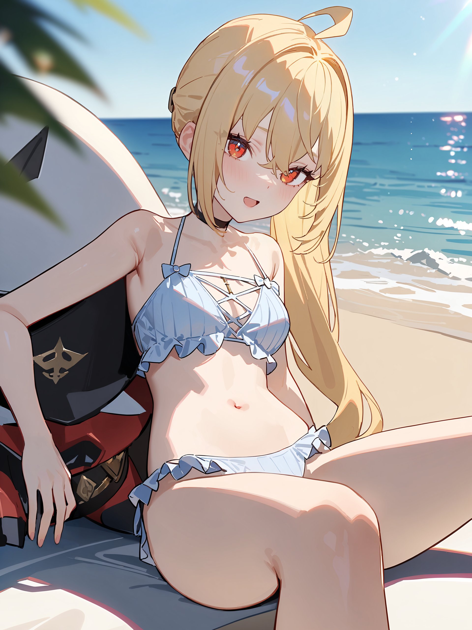 1girl, luciana de montefio, hairpin, frilled bikini, looking at viewer, reclining, beach, ocean, sunlight, blue sky, depth of field, laughing <lora:Char-ZZZ-Lucy-XL-V1:0.9>, masterpiece, best quality, very aesthetic, ray tracing, newest, petite, (hitenkei, askzy:0.5), [<lora:detailed_notrigger:0.95>::0.5]