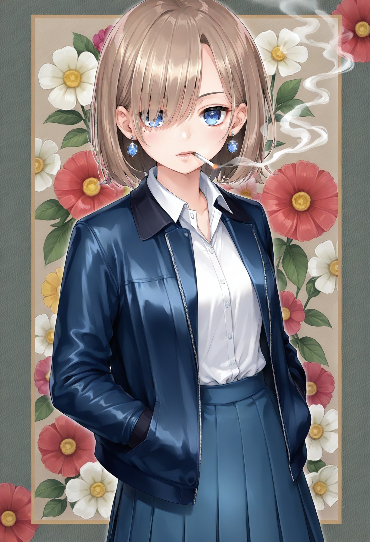 1girl, solo, blue eyes, mole under eye, jewelry, skirt, smoke, jacket, mole, earrings, shirt, cigarette, brown hair, smoking, looking at viewer, blue jacket, floral background, white shirt, pleated skirt, long sleeves, blue skirt, hair over one eye, collared shirt, flower, open jacket, mouth hold, open clothes