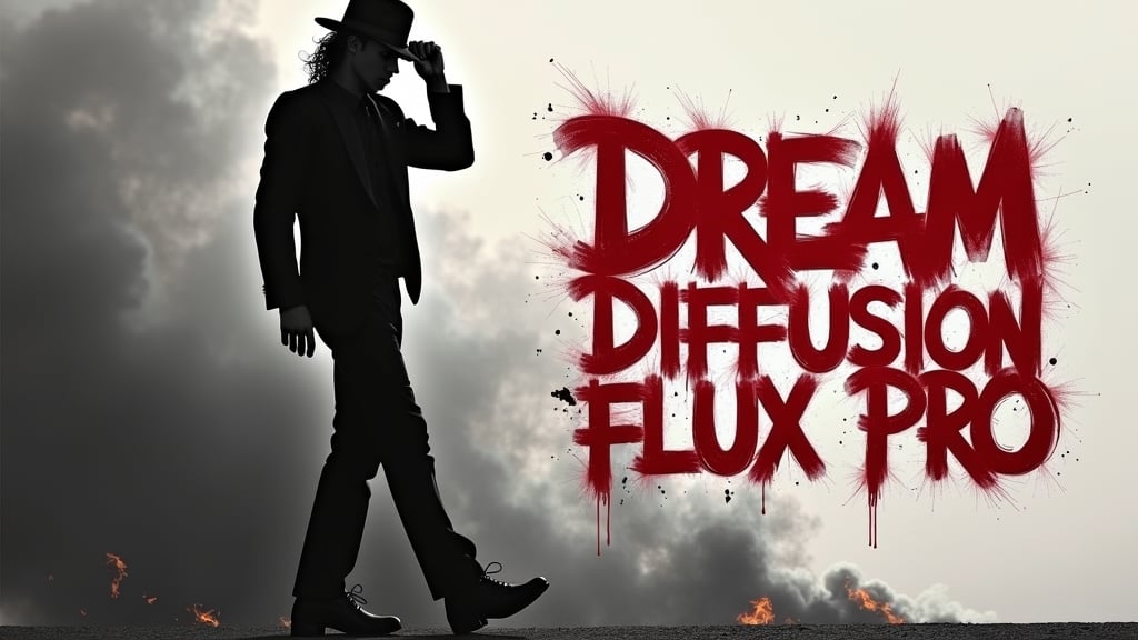 A solid black Silhouette of Micheal Jackson full length body, tip toes, bent knees, side view hand on his Fedora hat,  grey smoke and fire fills the background, black and white, To the side of Micheal Jackson is large red Graffiti, the Graffiti text says "DREAM DIFFUSION FLUX PRO".