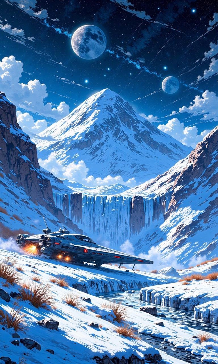 A frozen alien tundra beneath the pale light of three moons,  the icy surface glistening with frost and jagged ice formati...