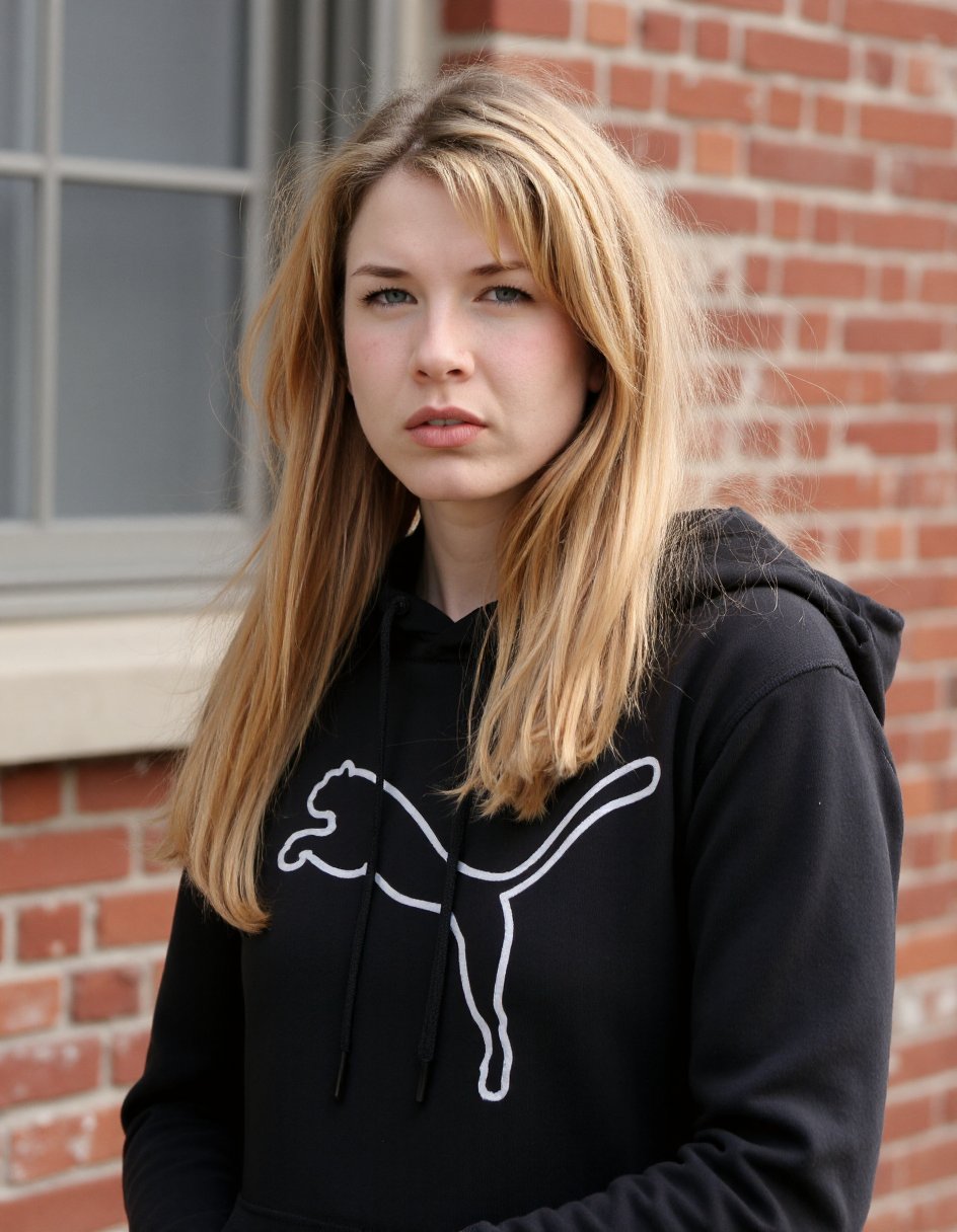 The image is a high-resolution photograph featuring a young woman with long, straight, blonde hair cascading past her shoulders. She has a fair complexion and is wearing a black Puma hoodie with a large, white Puma logo on the front. Her expression is neutral, with slightly parted lips and a direct gaze into the camera. She has well-groomed eyebrows, long, dark eyelashes, and subtle makeup, including a touch of mascara and light lipstick.The background consists of a brick wall with a large, square, glass window partially visible on the left side. The window has vertical bars and is framed by a stone ledge. The bricks are a mix of light and dark shades, contributing to a rustic, urban feel. The lighting is natural, suggesting the photo was taken outdoors during the daytime. The overall composition focuses on the subject, with the background providing a textured, urban context. The photograph captures a blend of casual and stylish elements, emphasizing the woman's appearance and the setting,Renee Zellweger,<lora:Renee_Zellweger_Flux_V1:1>