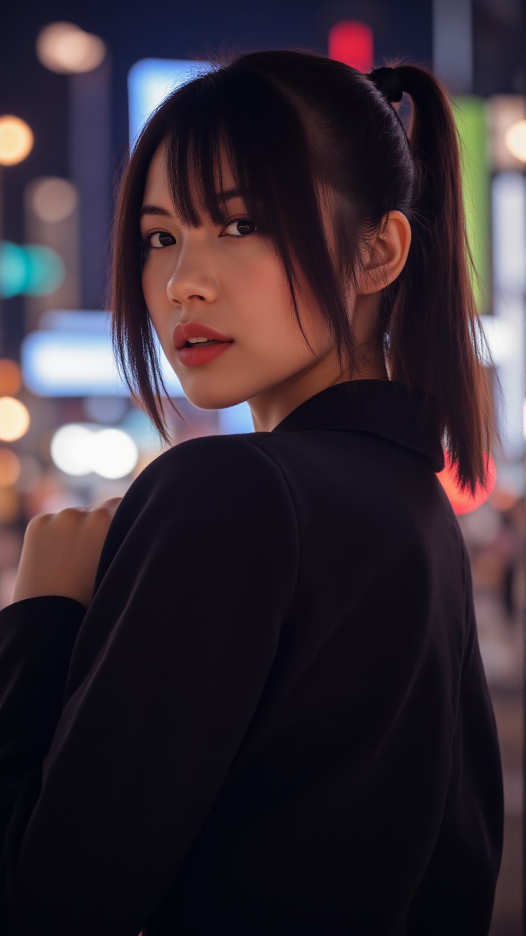 portrait, cityscape, close up of a wearing Topcoat, Hong Konger (Woman:1.2) , Warlike, Side ponytail hairstyle, at Nighttime, Cutester Art, scene, close-up, aidmaRealisticPeoplePhotograph, midjourneyv6.1