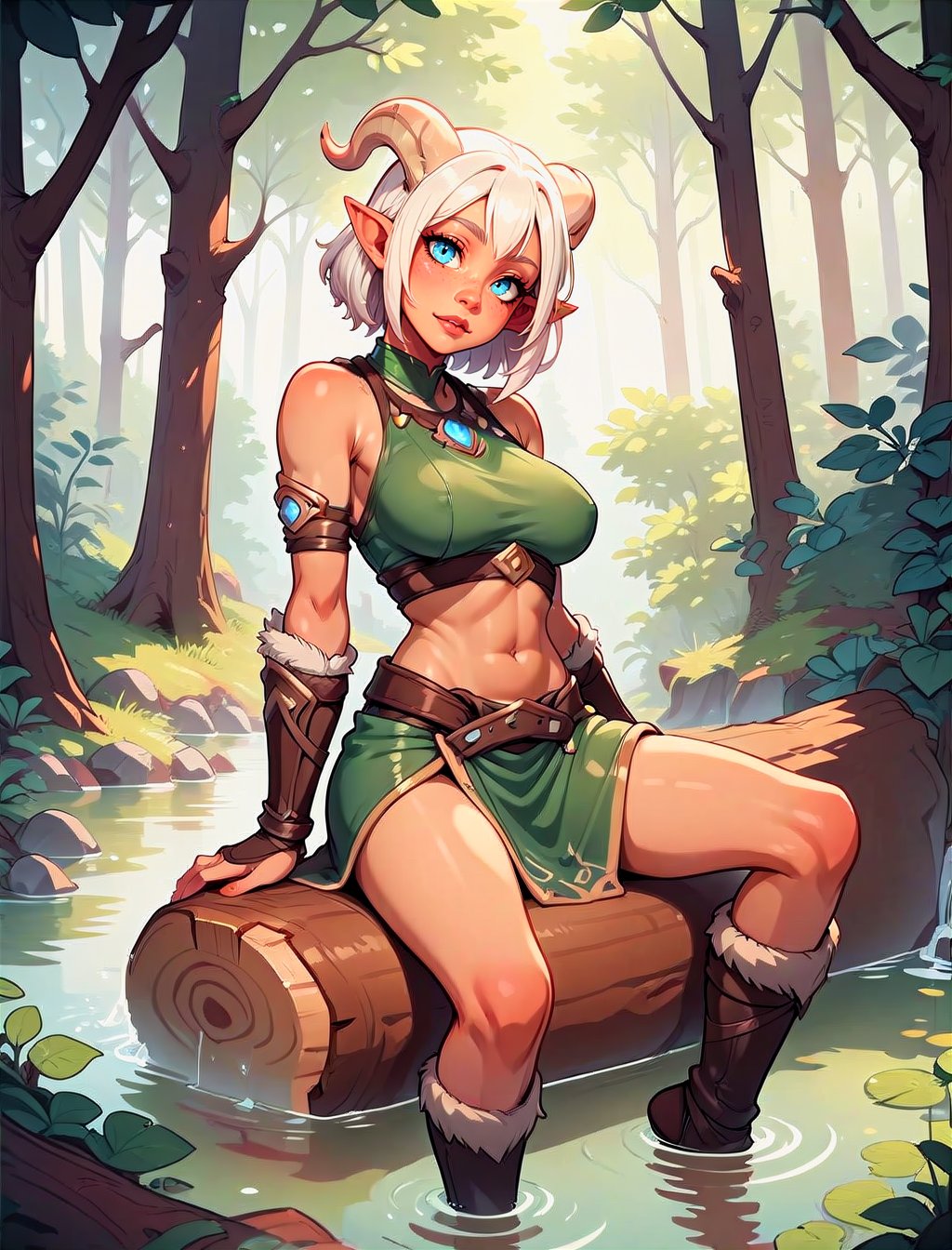 score_9, score_8_up, score_7_up, woman, tiefling, medium hair, white hair, fantasy clothes, sitting on log, head tilt, forest <lora:KakkoiPonyV3:1>