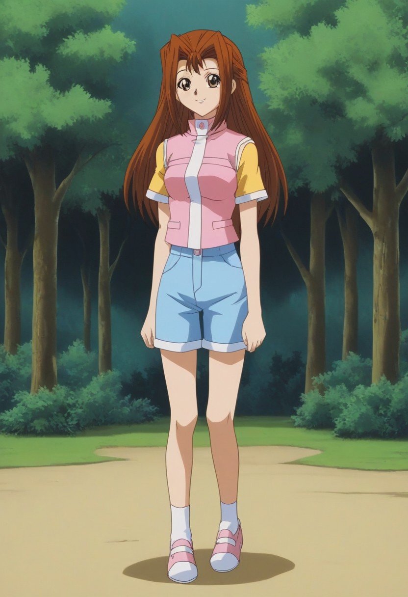 Score_9_up, Score_8_up, Score_7_up, easynegative, ng_deepnegative_v1_75t,outdoors, hand_on_hip, (standing:1.4) smiling, trees, gateSerenity Wheeler, 1girl, solo, brown hair, long hair, brown eyes, yellow shirt, pink vest, blue shorts, white socks, white shoes, 