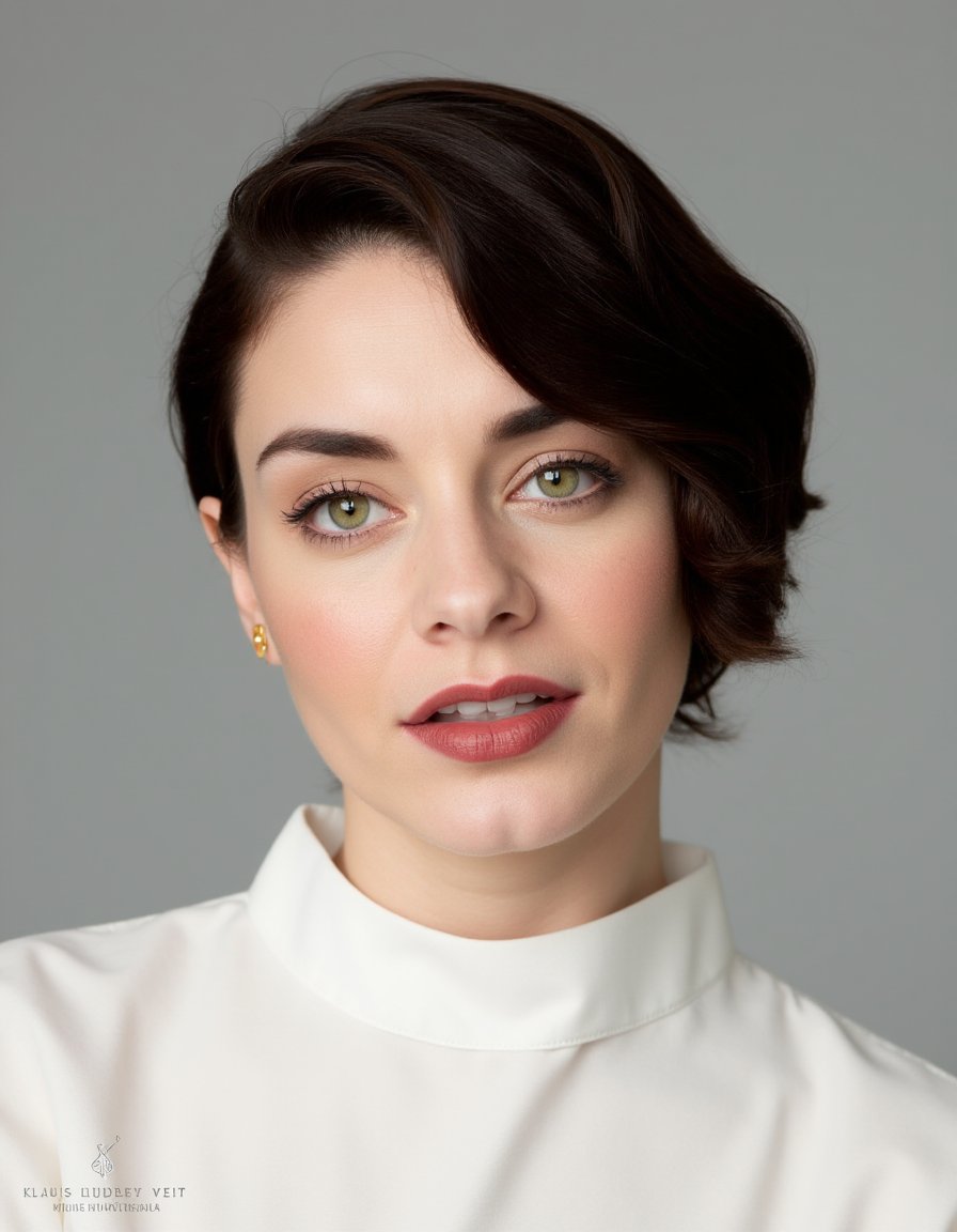 This image is a high-resolution photograph of a close-up portrait of a woman with a fair complexion and freckles. She has short, dark brown hair styled in a sleek, side-swept manner. Her eyes are a striking green color, and she has well-groomed eyebrows. Her lips are full and naturally pink. She is wearing a white blouse with a high collar, which is slightly visible at the top of the frame. The blouse has a crisp, clean texture. She is also adorned with a pair of gold earrings that are small and delicate, with a simple, elegant design. The background is a plain, light gray, which contrasts subtly with her skin tone, making her features stand out prominently. The lighting is soft and even, highlighting her facial features without harsh shadows. The overall mood of the photograph is serene and elegant. The image is credited to Credit: Klaus Ludwig Veit, with the text "Klaus Ludwig Veit" and "Klaus Ludwig Veit" in the lower left and right corners, respectively. The image is likely part of a professional photo shoot, emphasizing natural beauty and simplicity.,Vanessa_Hudgens, <lora:Vanessa_Hudgens_Flux_V1:1>