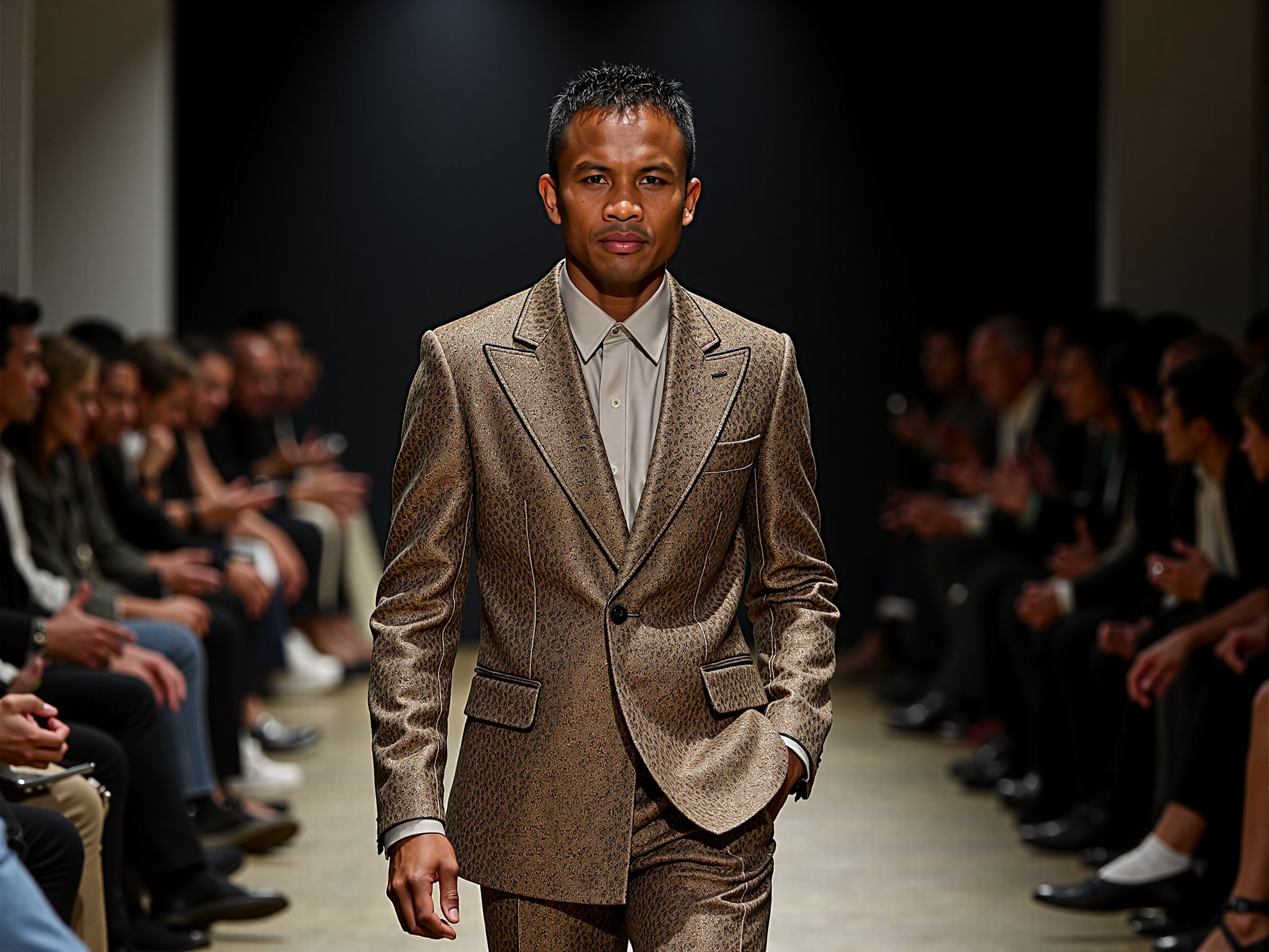 A realistic candid photo of Buakaw Banchamek. He wore an intricate suit with matching trousers, walking in the Paris fashion week. expressionless.<lora:BuakawF1_SET1_32_x32:0.9>