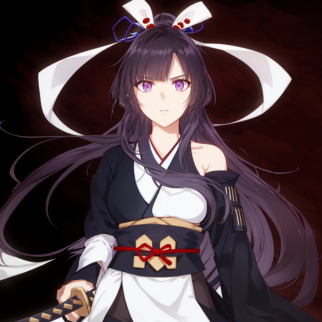 sarashi, weapon, high heels, armor, hair ornament, hair ribbon, boots, japanese armor, skirt, kimono, off shoulder, ponytail, japanese clothes, black legwear, ribbon, sheathed, sheath, tanzaku, thighhighs, katana, bangs, glowing eyes, hair between eyes, purple eyes<lora:北辰芽衣:0.8>